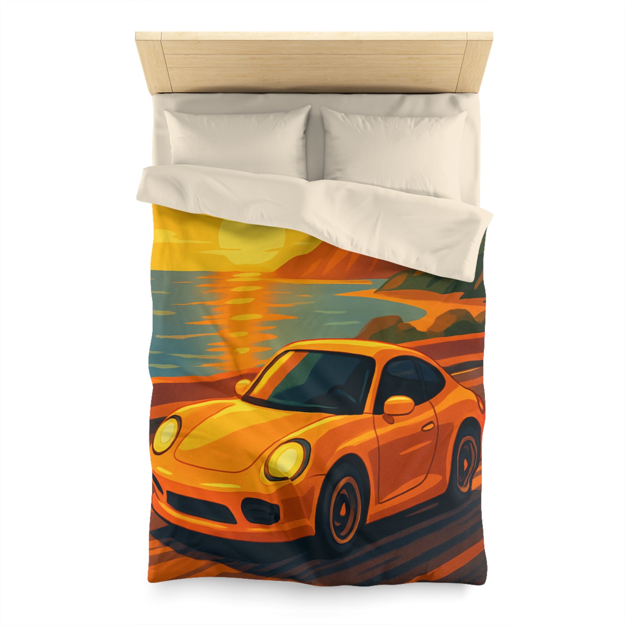 Housse de couette voiture sportive orange route côtière coucher de soleil paysage vibrant