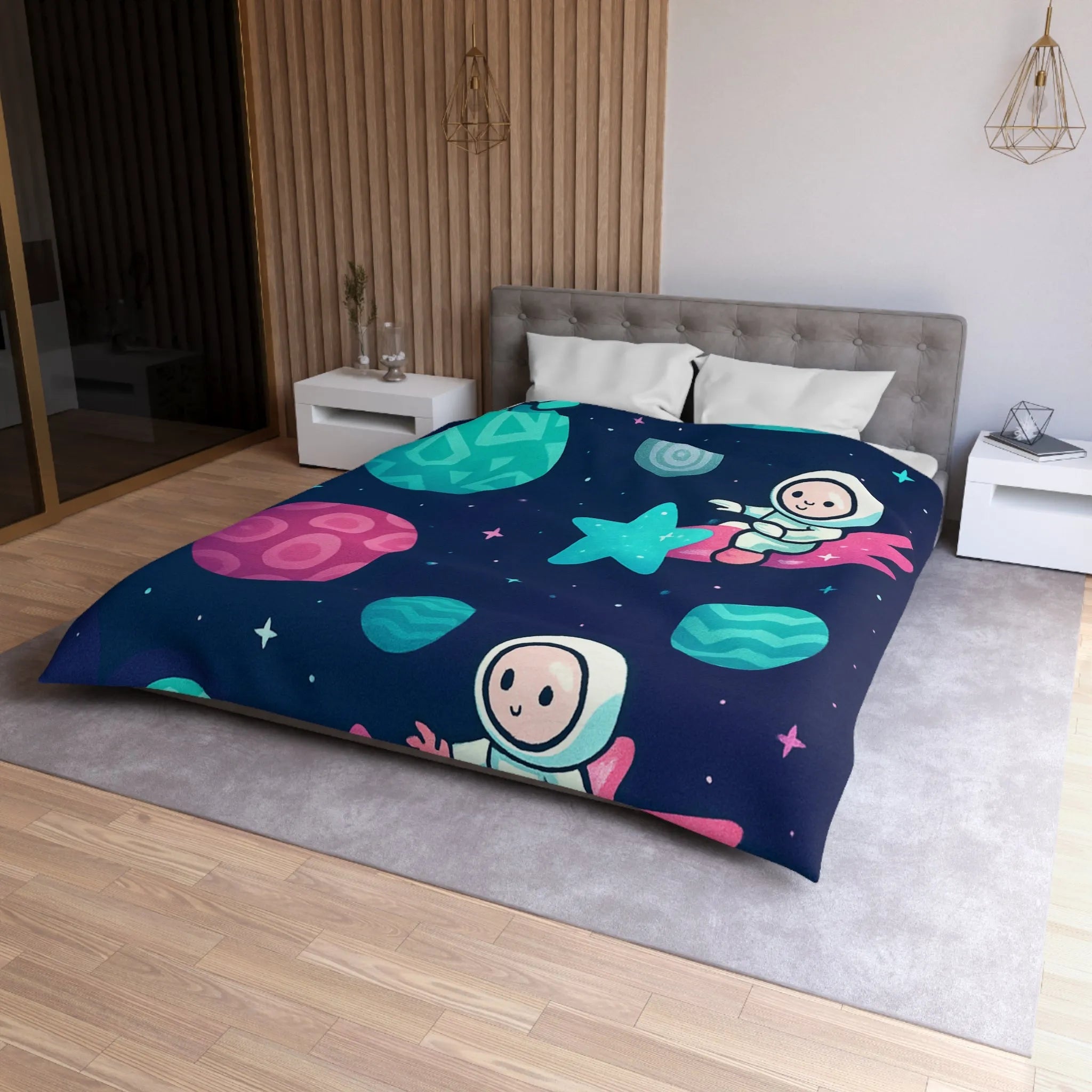 Explorez l'univers magique avec des astronautes joyeux sur fond stellaire pour enfants