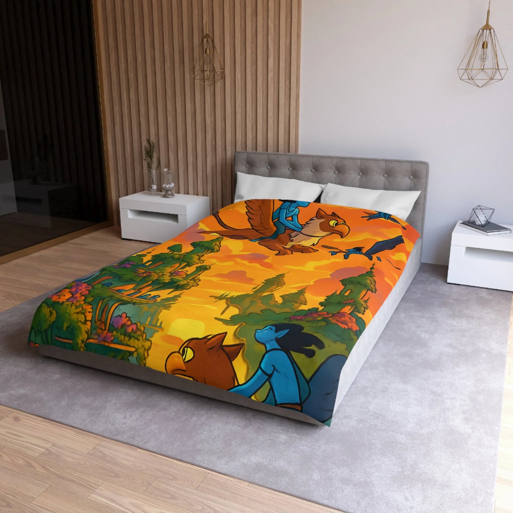 Housse de couette magique avec créatures volantes et paysage fantastique au coucher du soleil