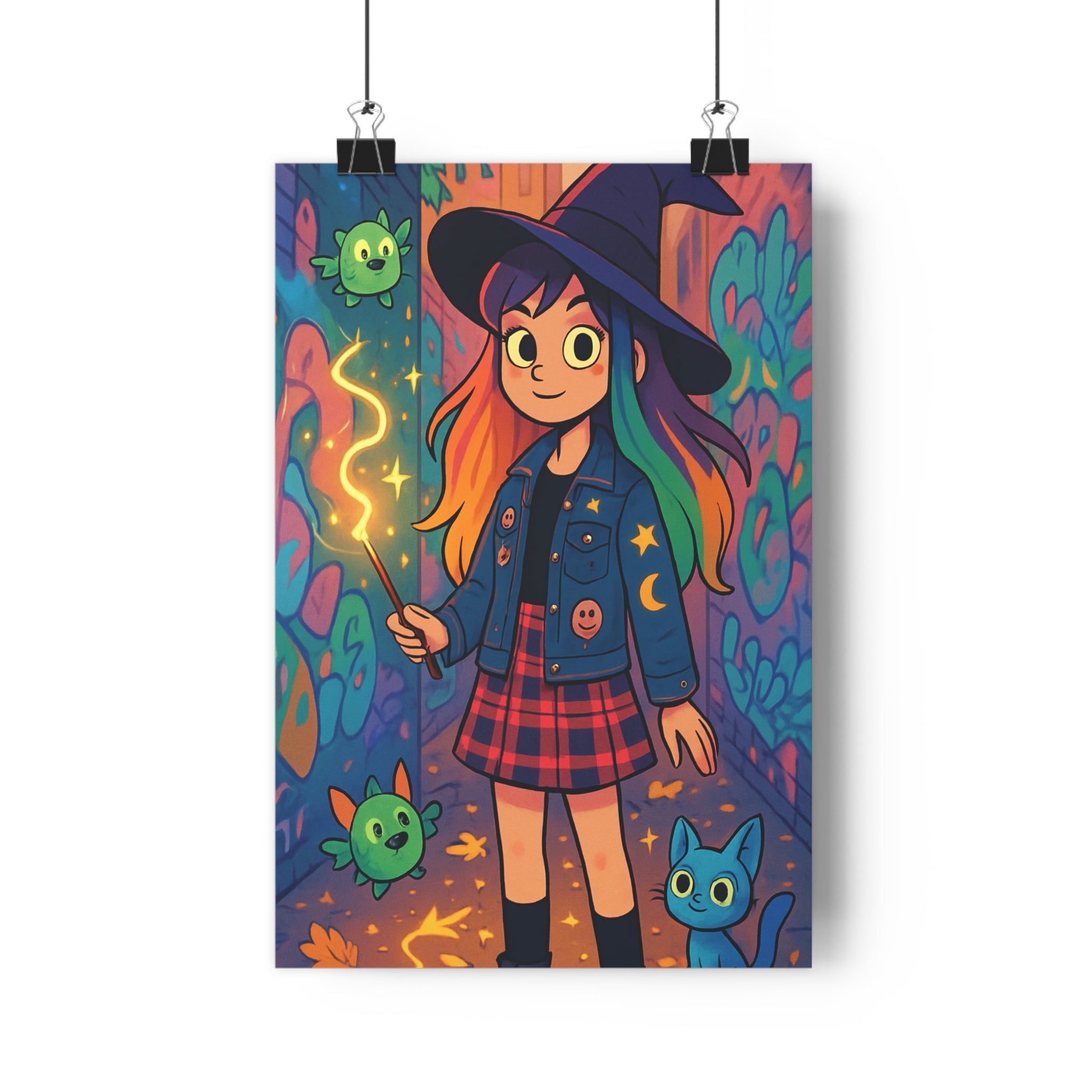 Poster décoratif sorcière magie coloré urbain dessin animé moderne chambre enfant ambiance mystique art