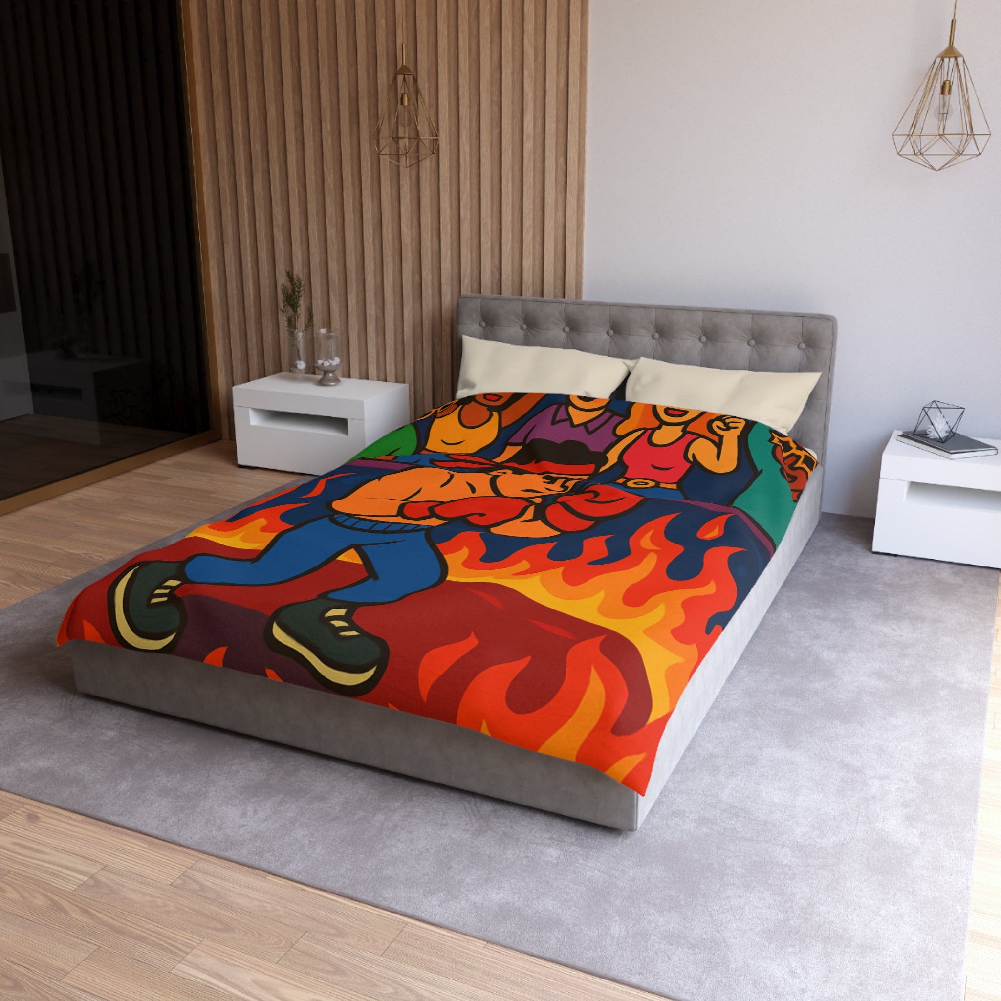 Housse de couette originale avec boxeur entouré de flammes et foule colorée