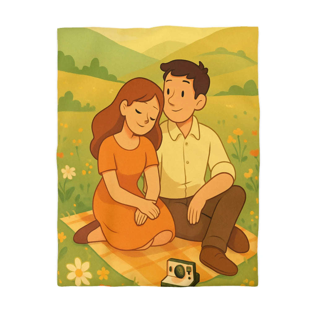 Housse de couette bucolique : couple romantique dans un champ fleuri en été