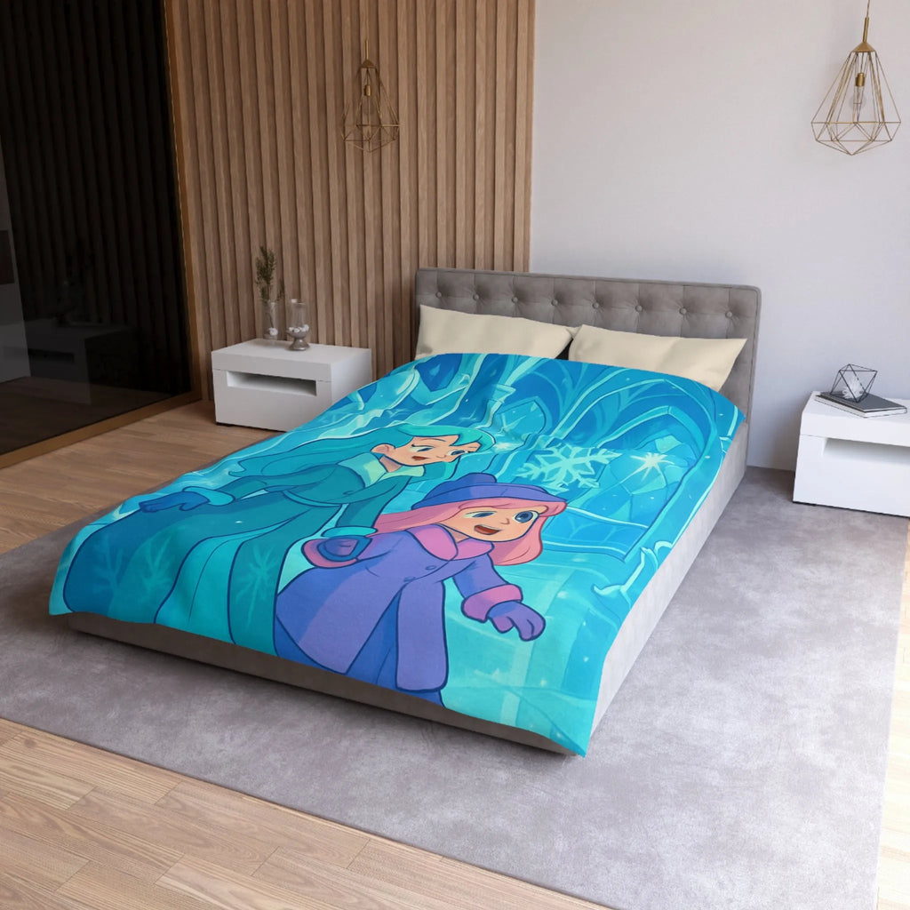 Élégante Housse Couette Glacée Enfants Magie Arctique avec Motifs Flocons et Statues