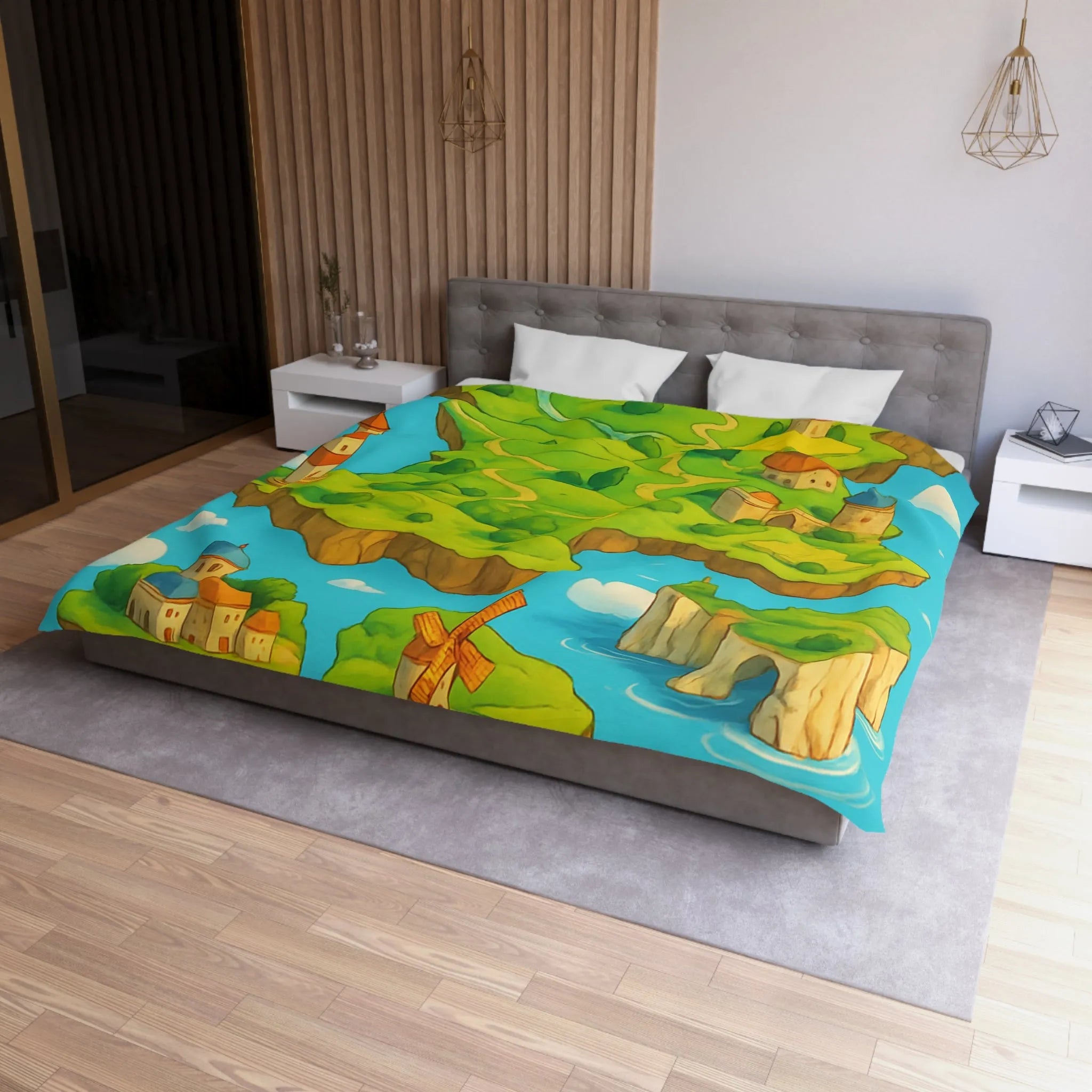 Housse de Couette Fantaisie Île Flottante Paysage Coloré Mer Moulins et Phare