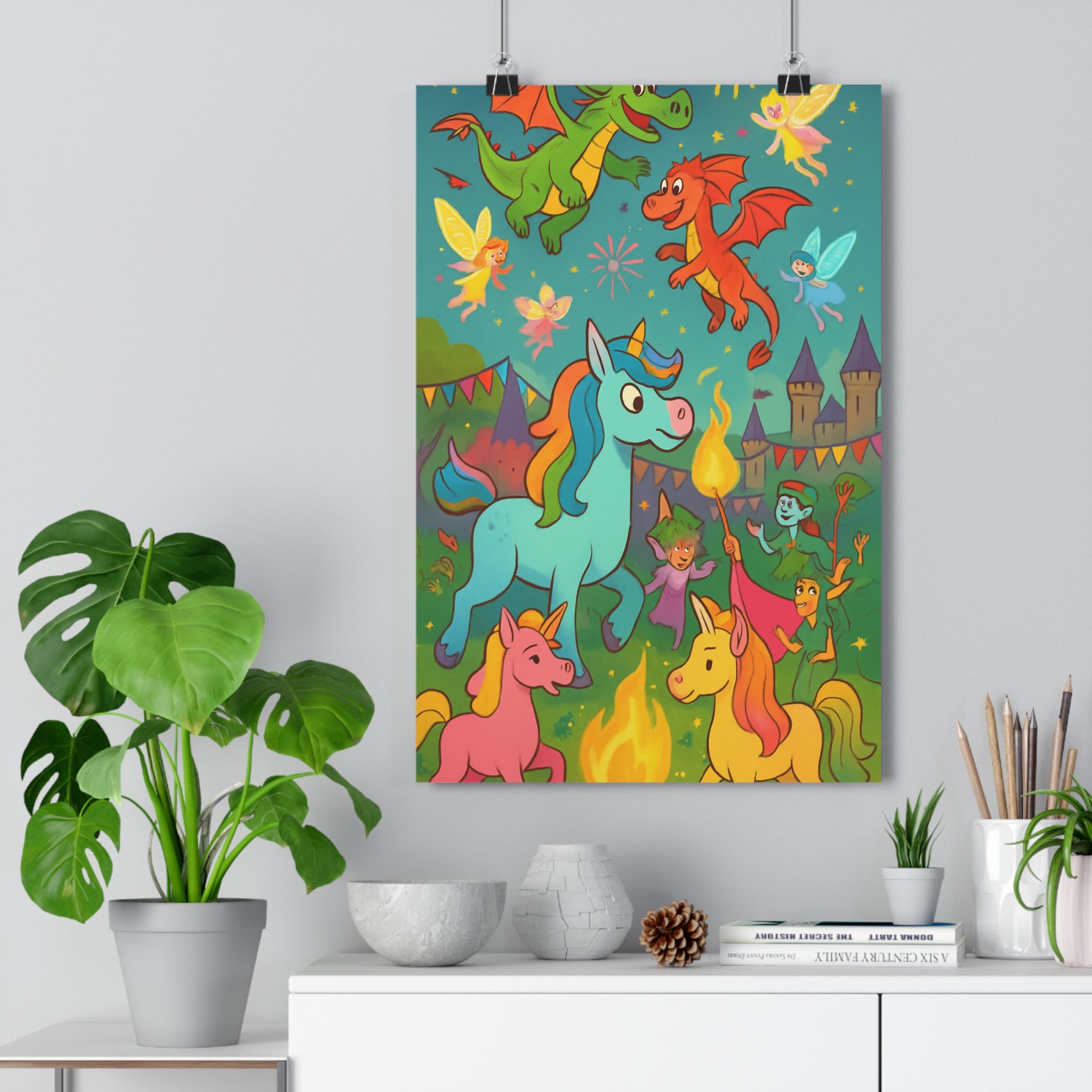Poster décoratif magique cartoon pastel joyeux chambre enfants créatures dragons licornes fées châteaux étoiles