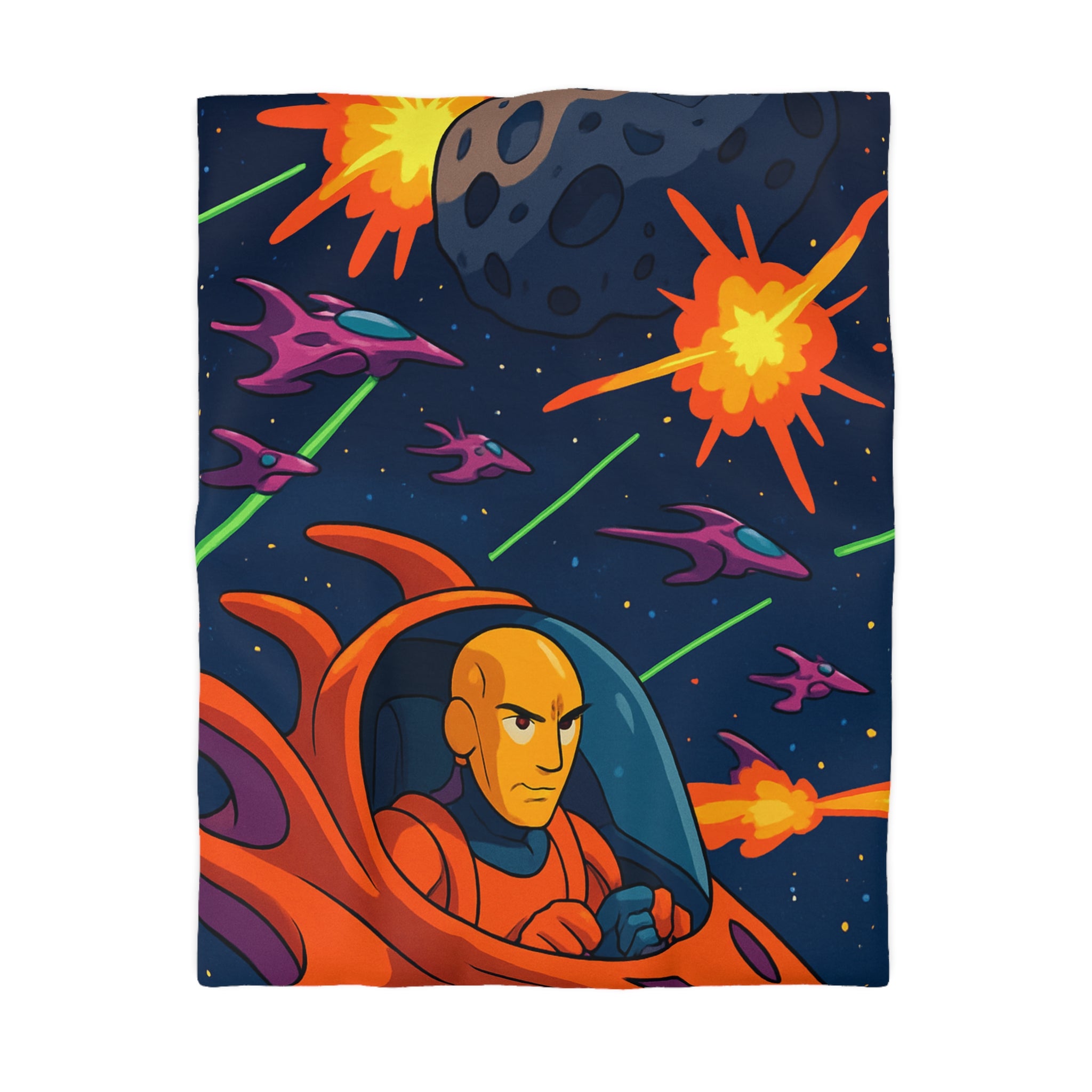 Housse de couette style rétro avec vaisseaux spatiaux et astéroïdes en explosion