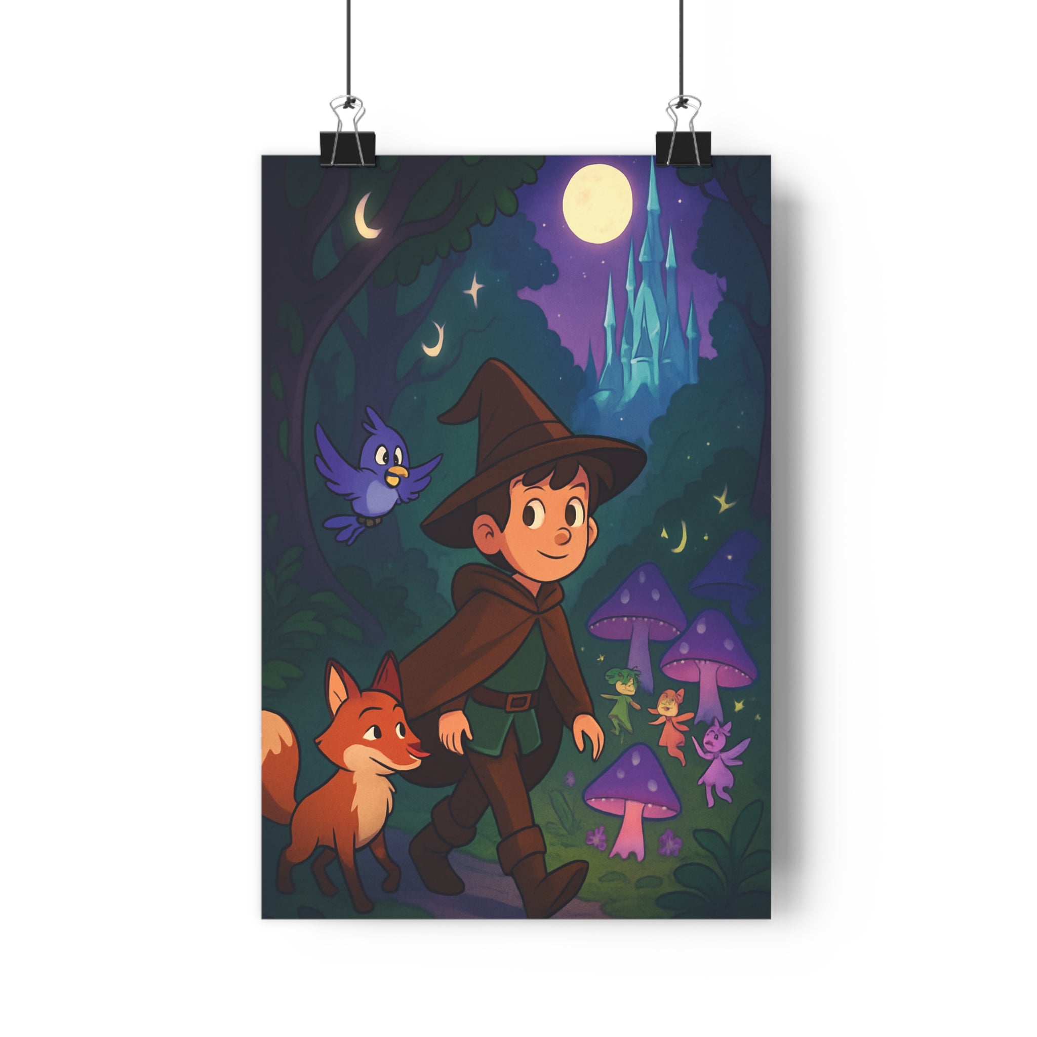 Poster décoratif enchanté forêt aventurier renard créatures féériques bleu nocturne chambre enfant ambiance magique