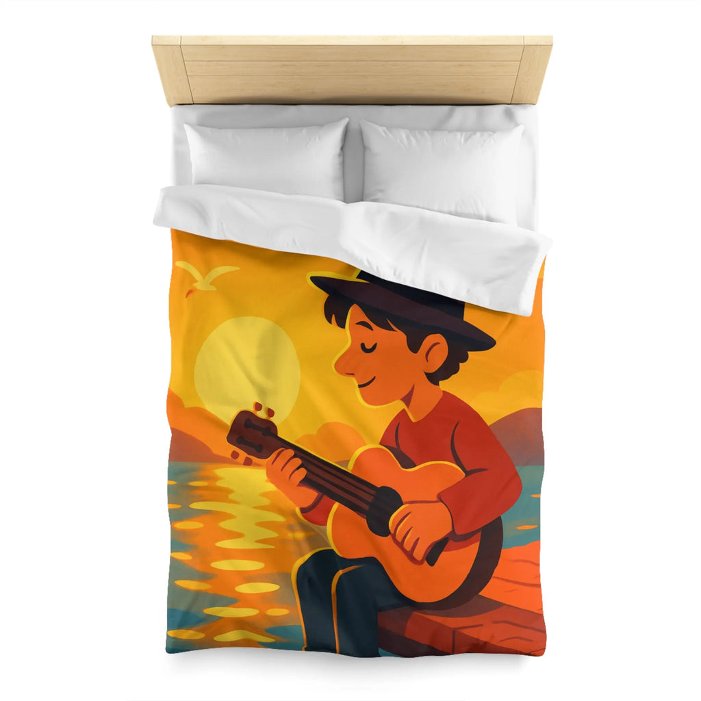 Housse de couette avec illustration relaxante d'un coucher de soleil et musicien