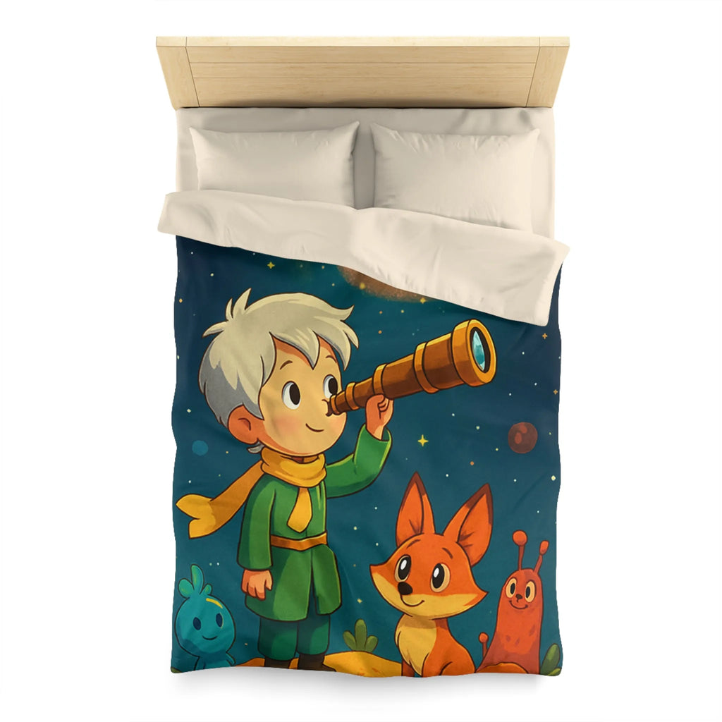 Housse de couette enfant rêveur observant les étoiles avec télescope et animaux adorables
