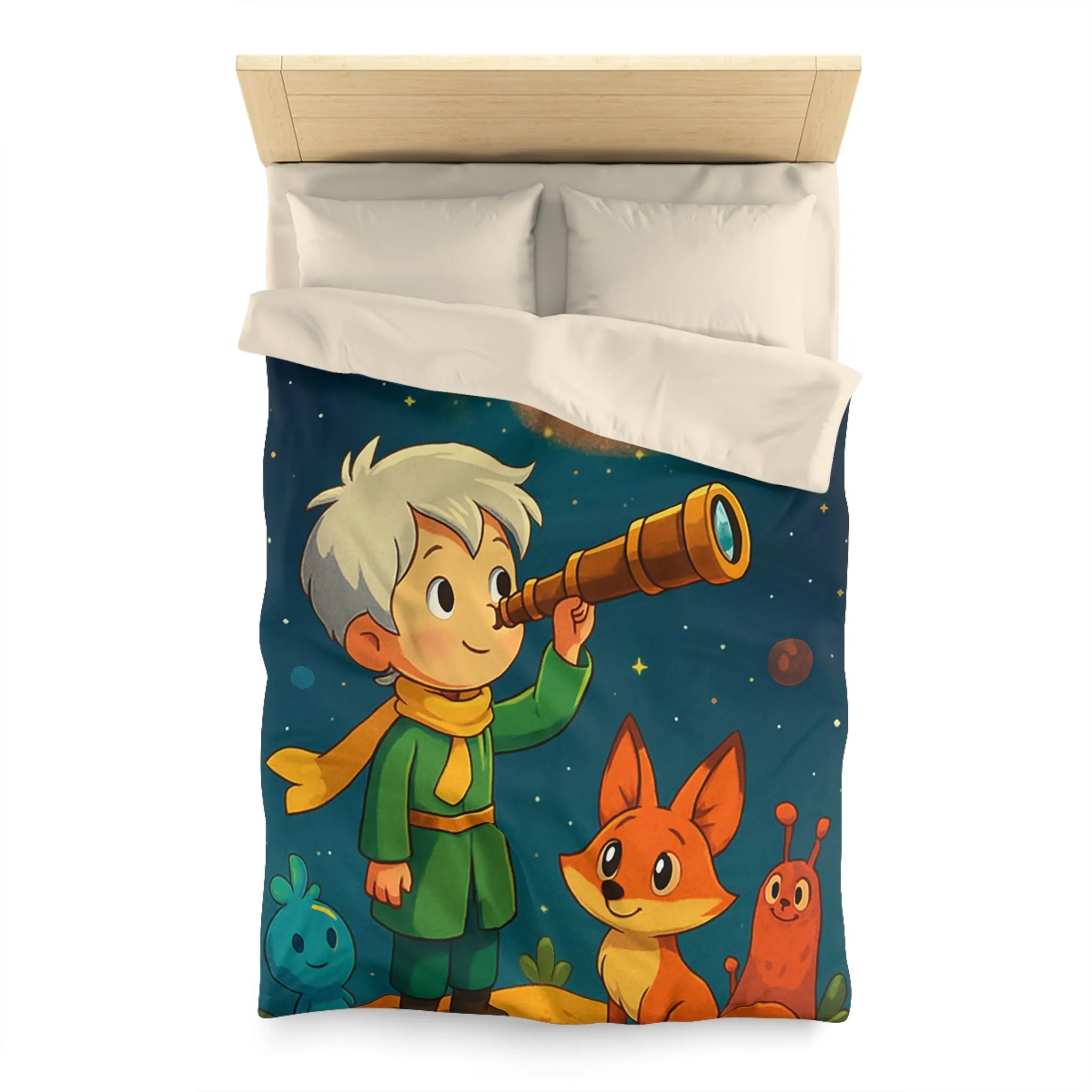 Housse de couette enfant rêveur observant les étoiles avec télescope et animaux adorables