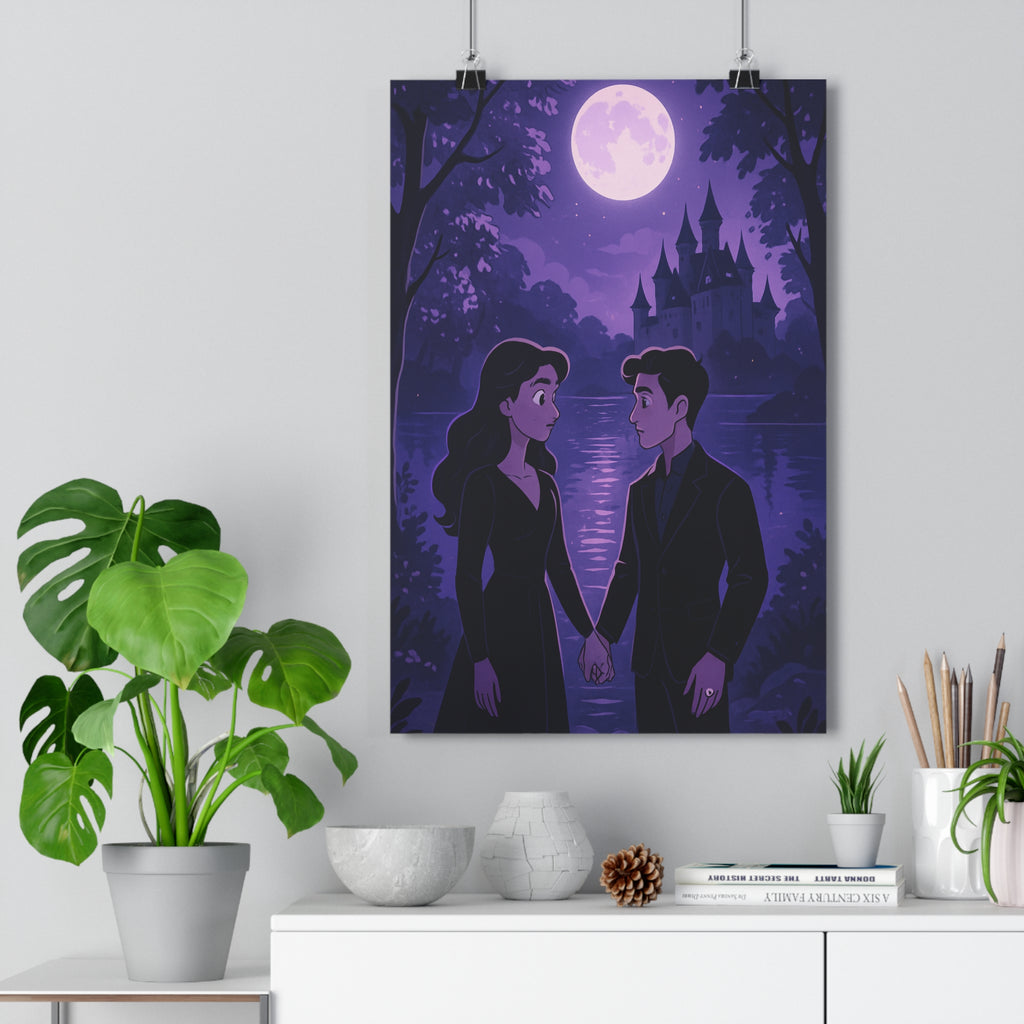 Poster décoratif romantique violet bleu mystique chambre dessin animé lune nocturne rêveur château couple