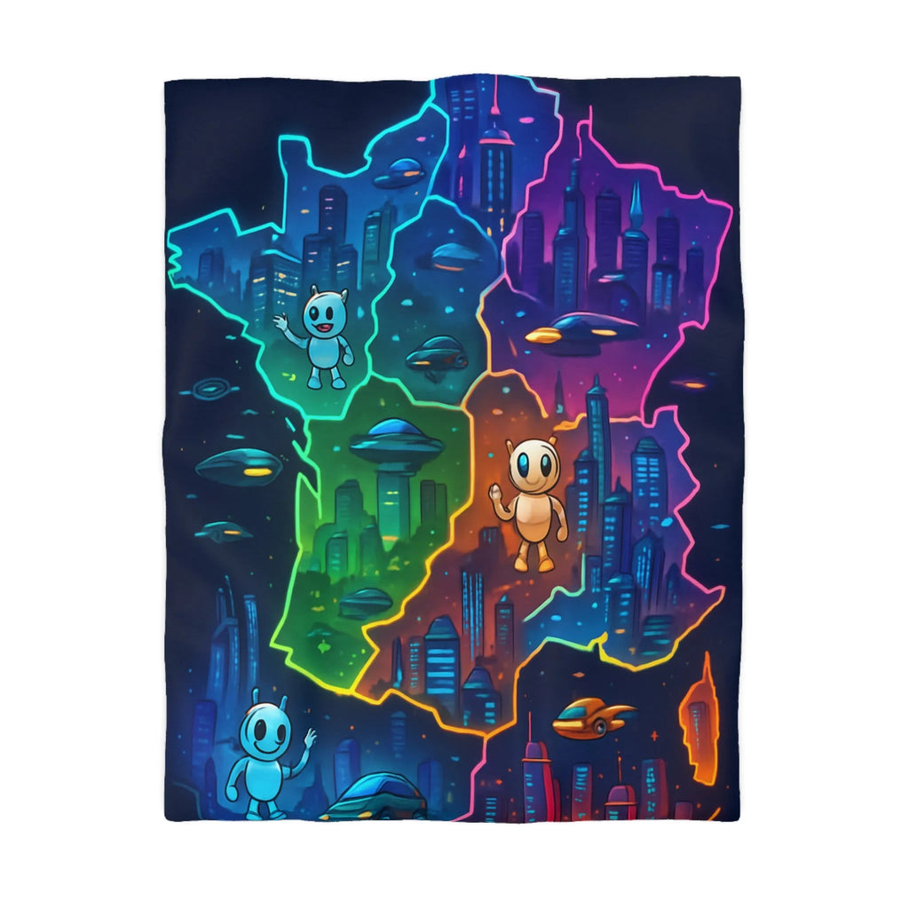 Carte de France futuriste colorée avec robots et OVNIs sur une housse de couette unique