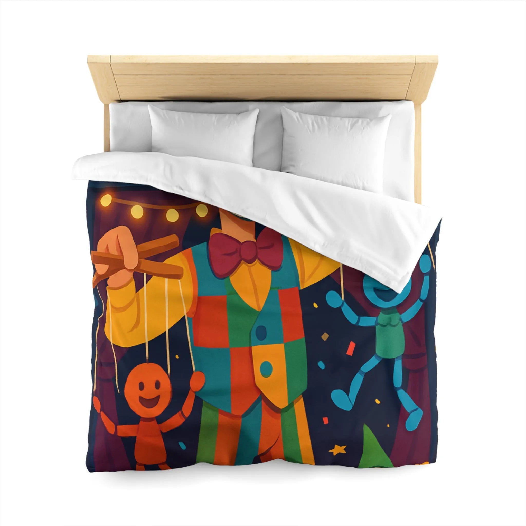 Housse de couette marionnettiste coloré avec motifs joyeux pour chambre d'enfant festive