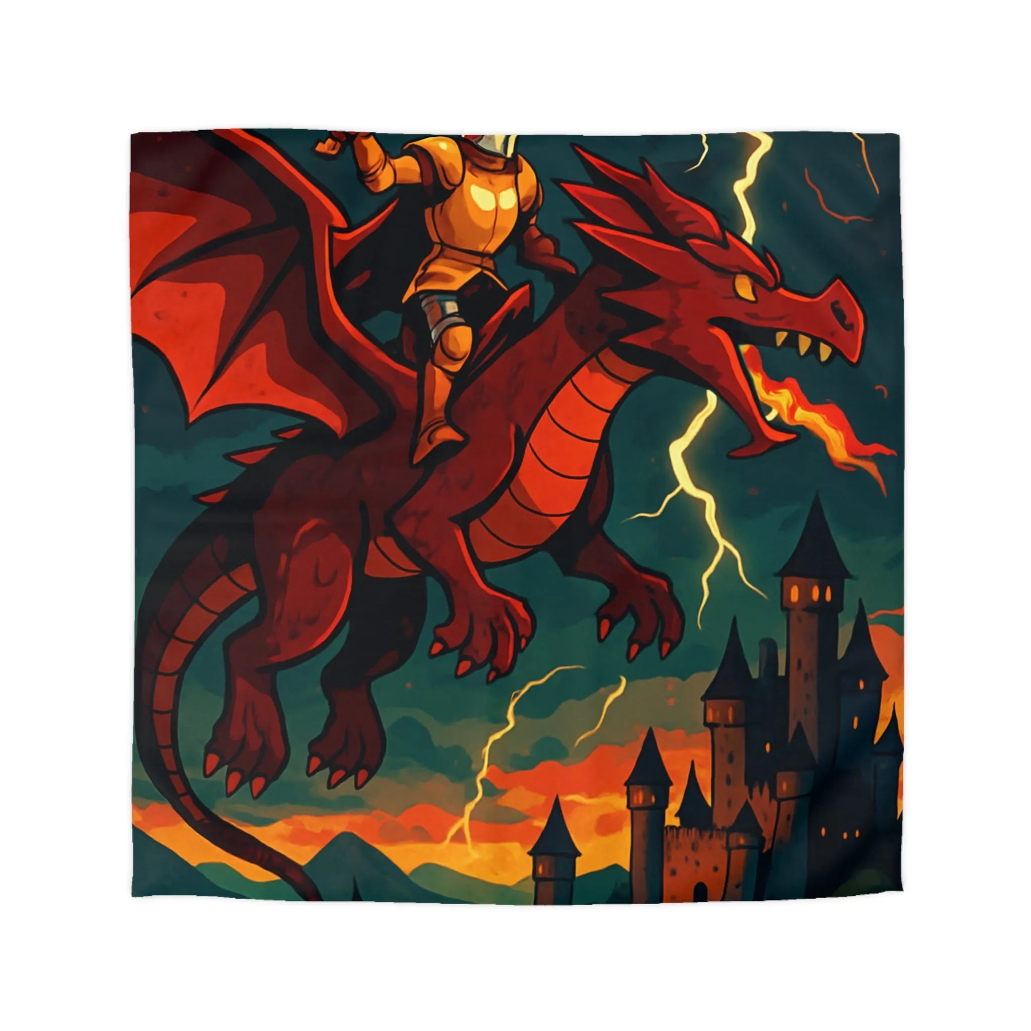 Housse de couette dragon et chevalier doré survolant un château sous l'orage