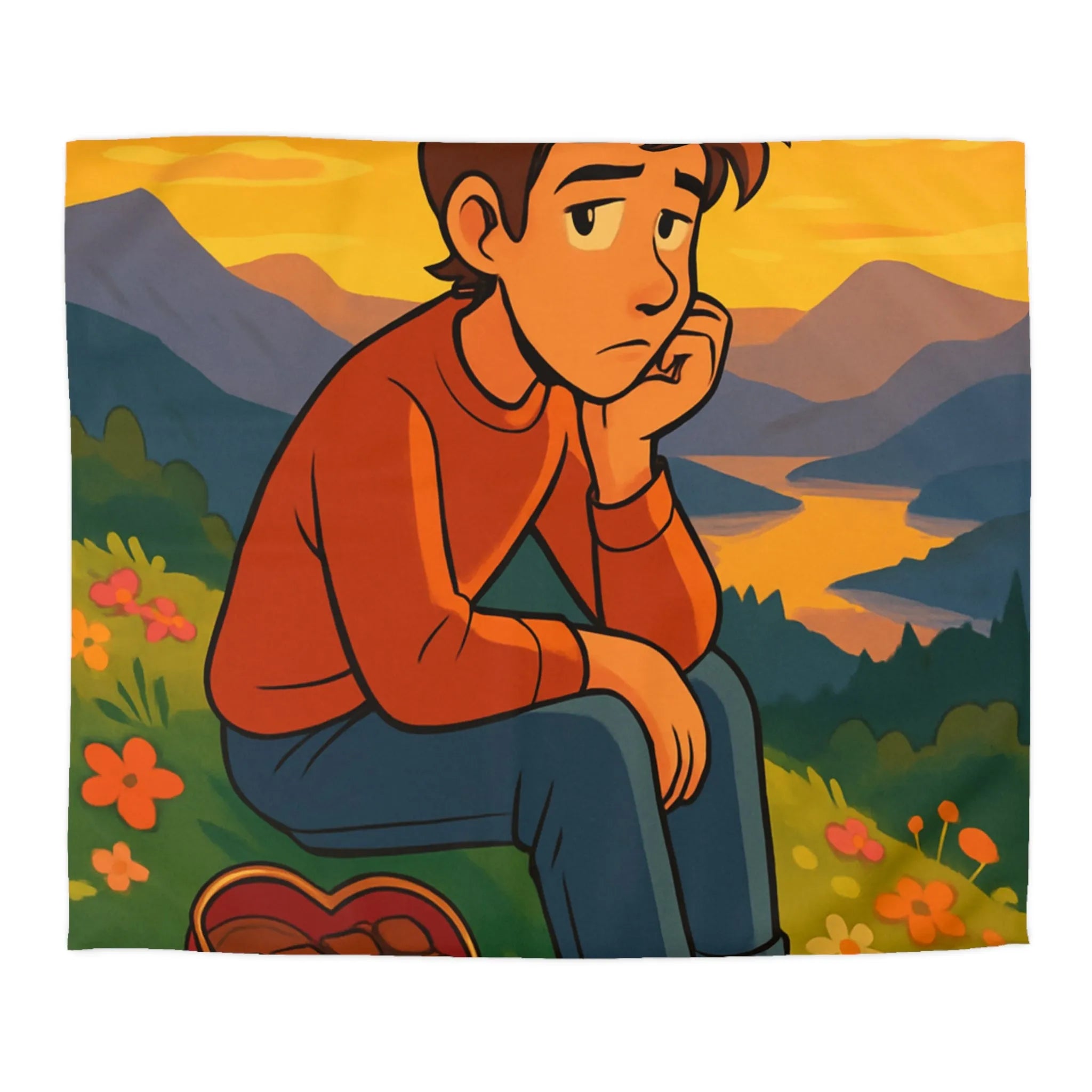 Housse de Couette Illustrée: Paysage Coloré avec Personnage Réfléchi et Coeur en Chocolat