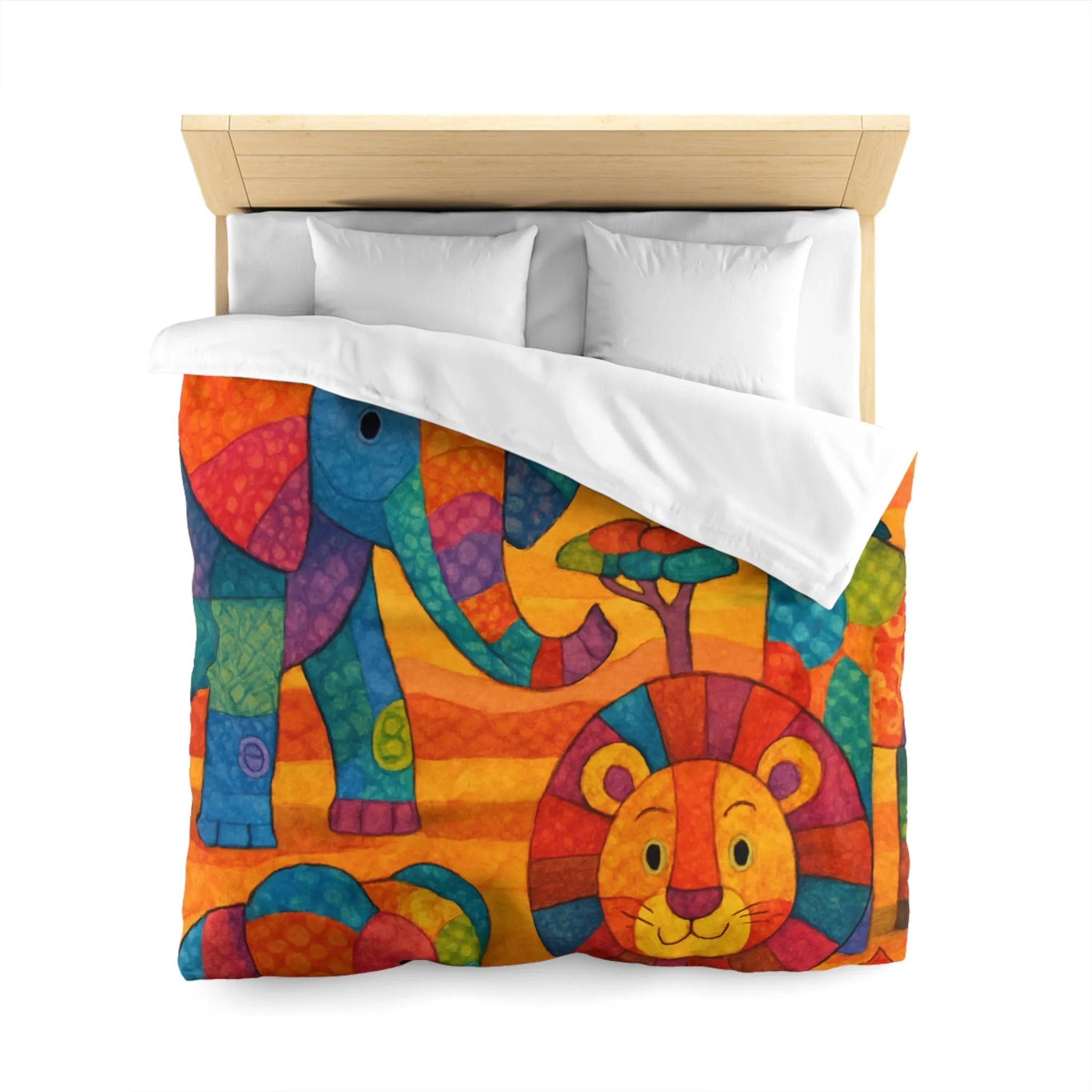 Housse de couette colorée avec éléphants, girafe et lion en style patchwork