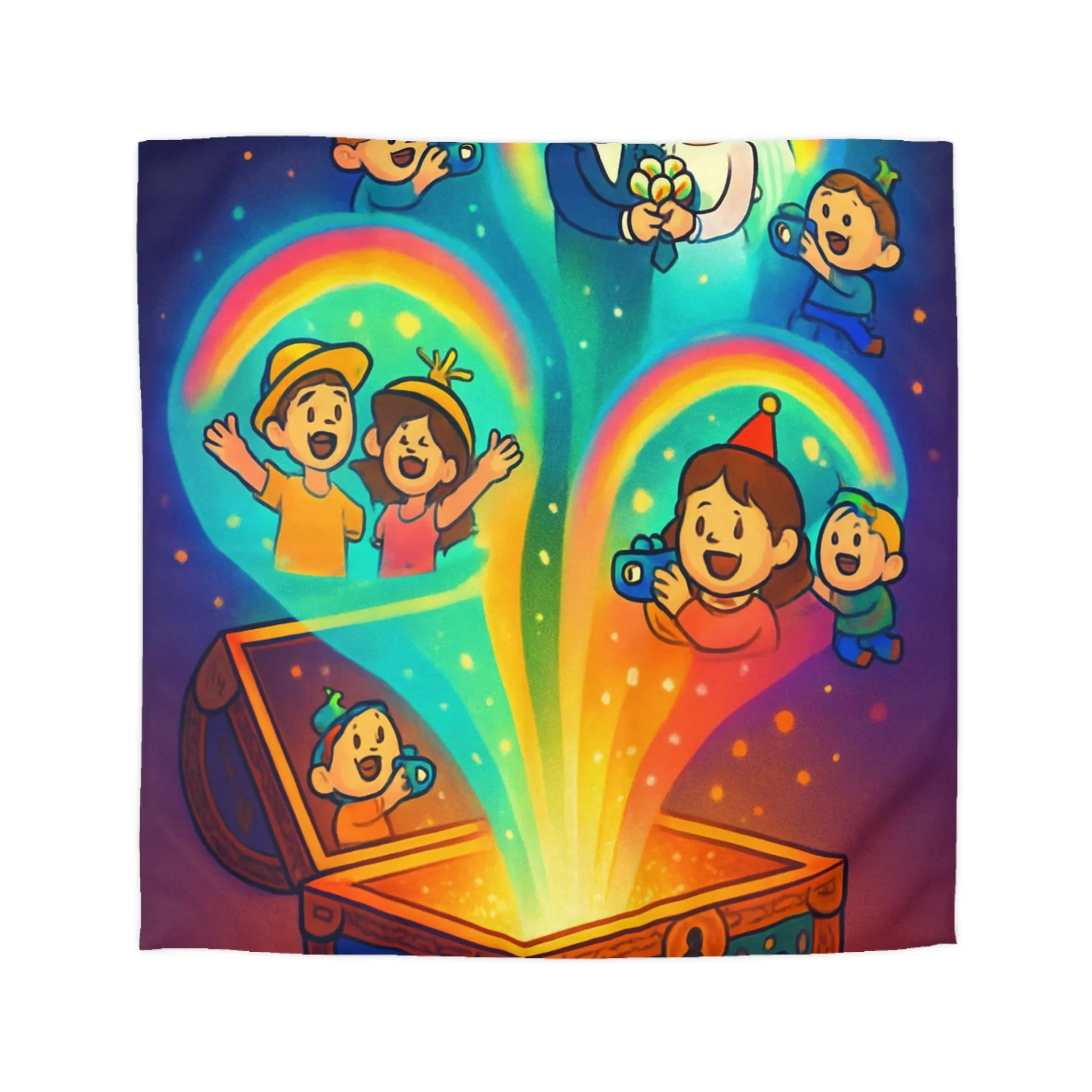 Housse de couette colorée avec coffre magique et souvenirs lumineux pour chambre joyeuse