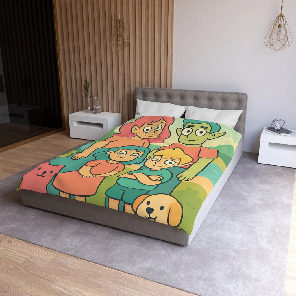 Housse de couette chaleureuse illustrant une famille enchantée et ses animaux compagnons ludiques