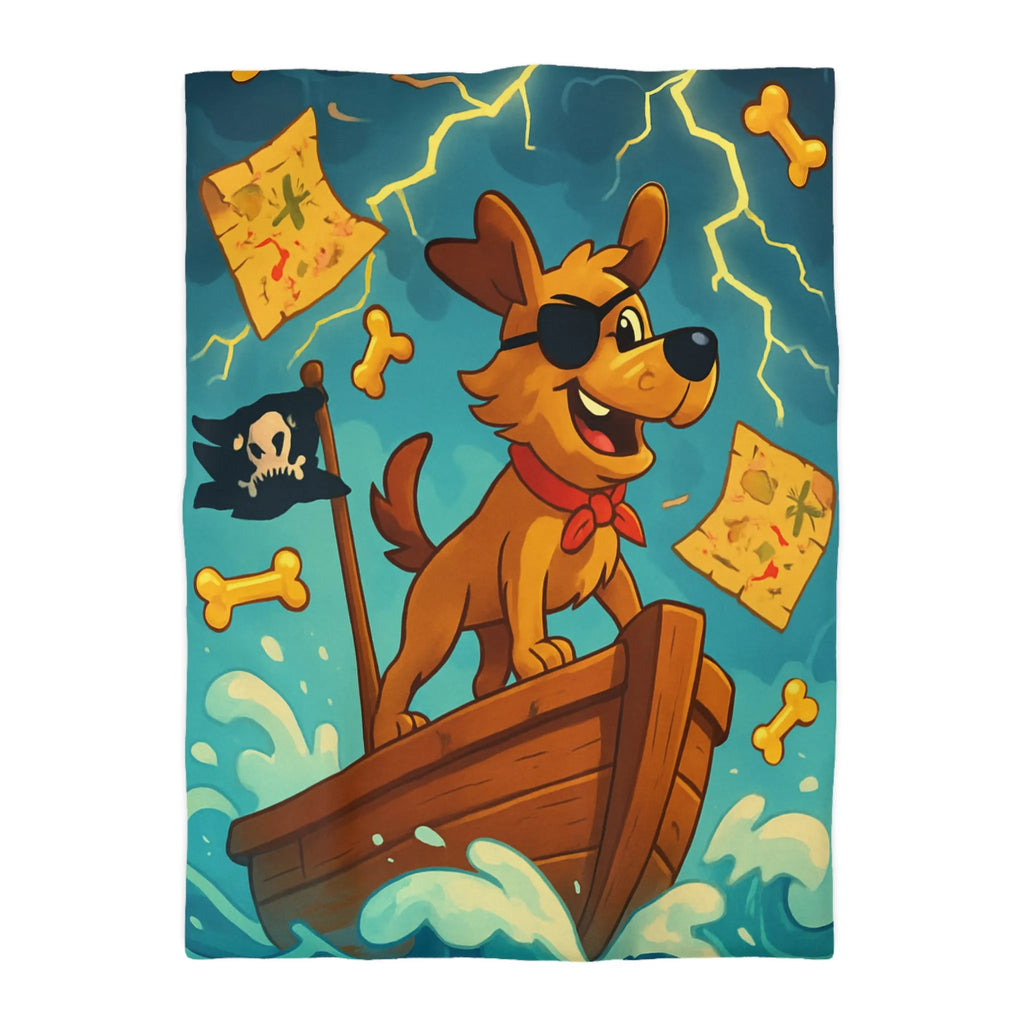 Housse de couette avec chien pirate, mer agitée, cartes et os flottants