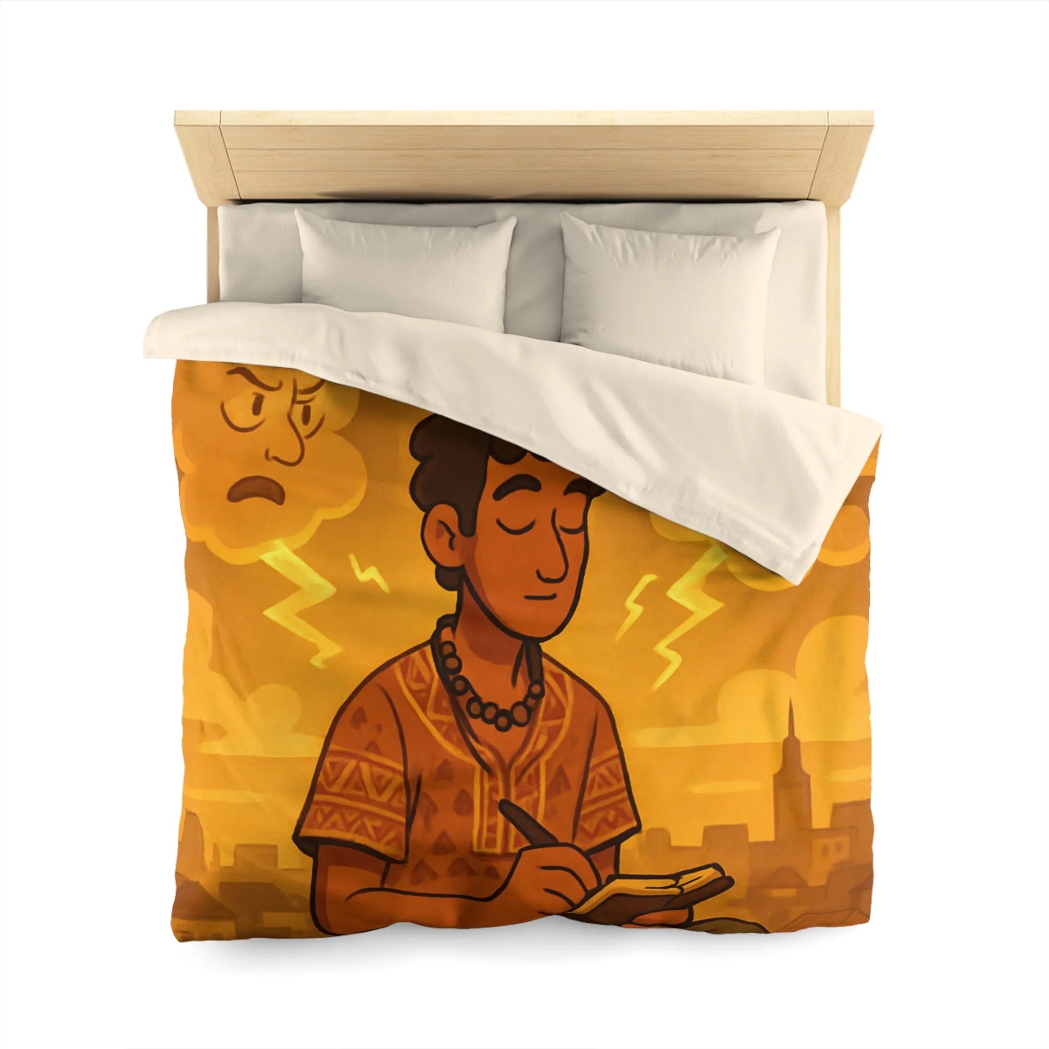 Housse de couette artistique avec motif méditatif, nuageux et expressions émotionnelles illustrées