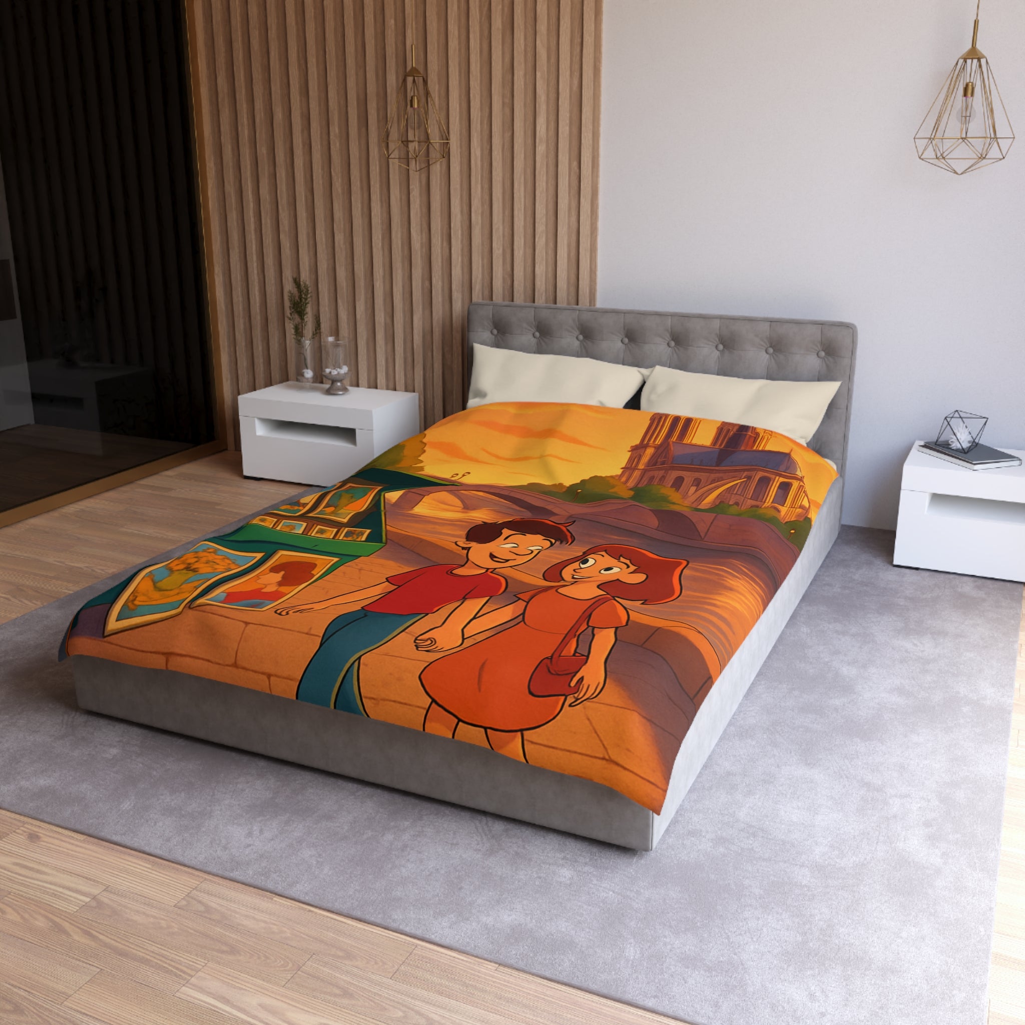 Housse de Couette Romance Parisienne Au Coucher Du Soleil Avec Vue Cathédrale