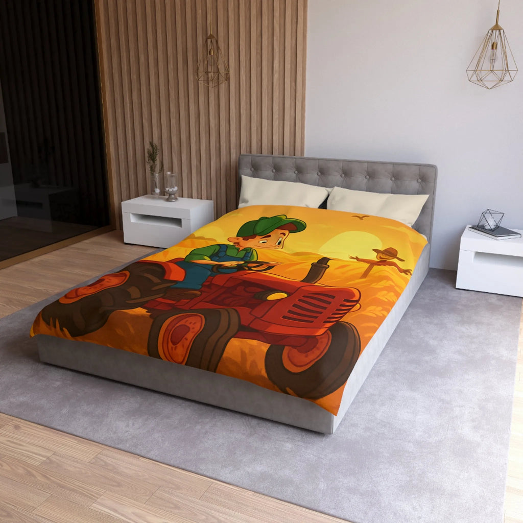Housse de couette avec motif champêtre : tracteur, épouvantail et champ sous soleil couchant
