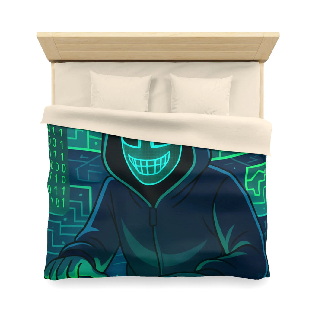 Housse de couette cyberpunk avec motif de hacker masqué et circuit numérique lumineux