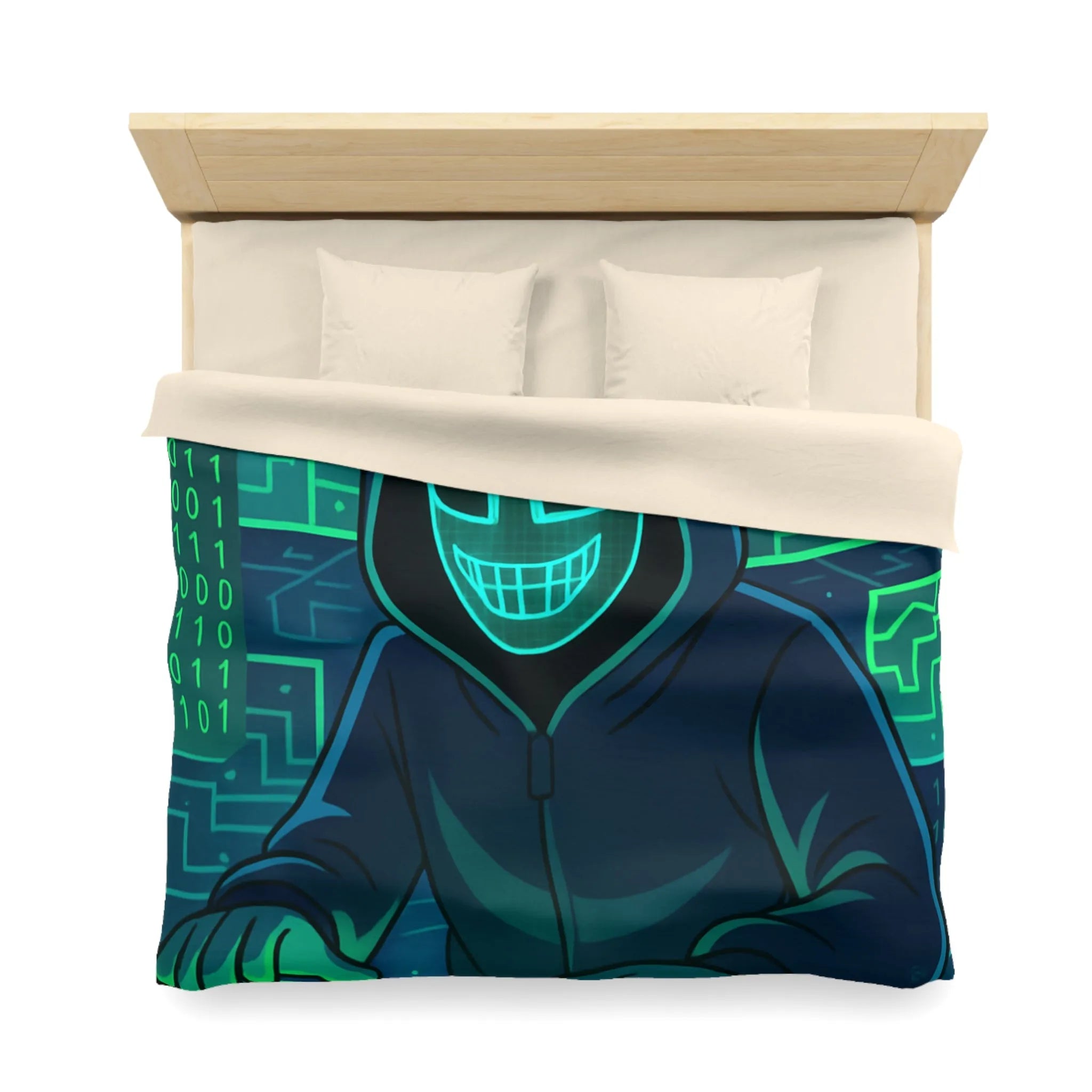 Housse de couette cyberpunk avec motif de hacker masqué et circuit numérique lumineux