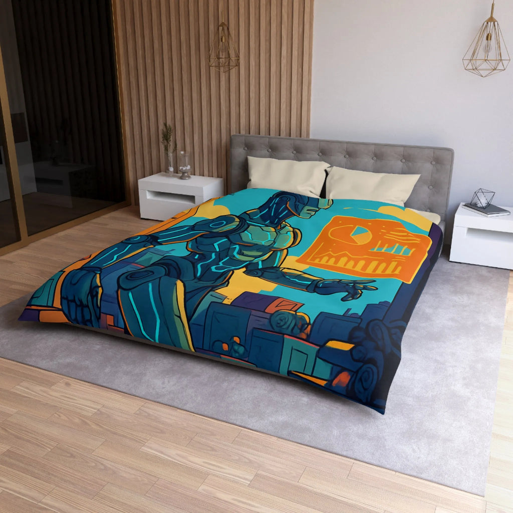 Housse de couette futuriste avec robot et drones, couleurs vives et graphiques modernes