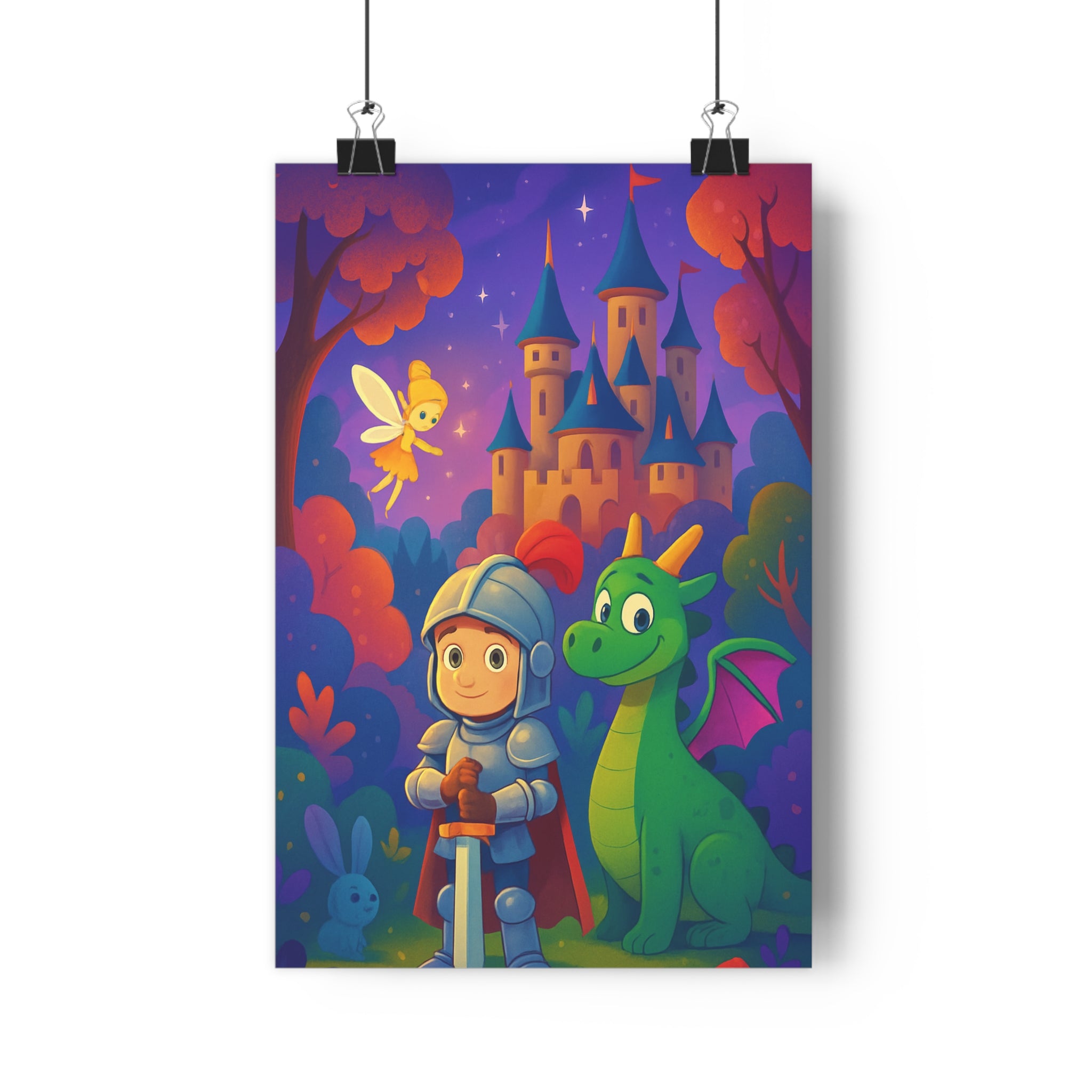 Poster décoratif fantaisie dessin animé chevalier dragon château fée forêt violet orange enfant ambiance