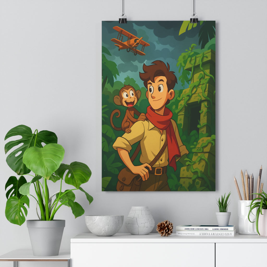 Poster décoratif aventure vert cartoon explorateur enfant chambre mystère singe exotique ruines biplan笑 qualité