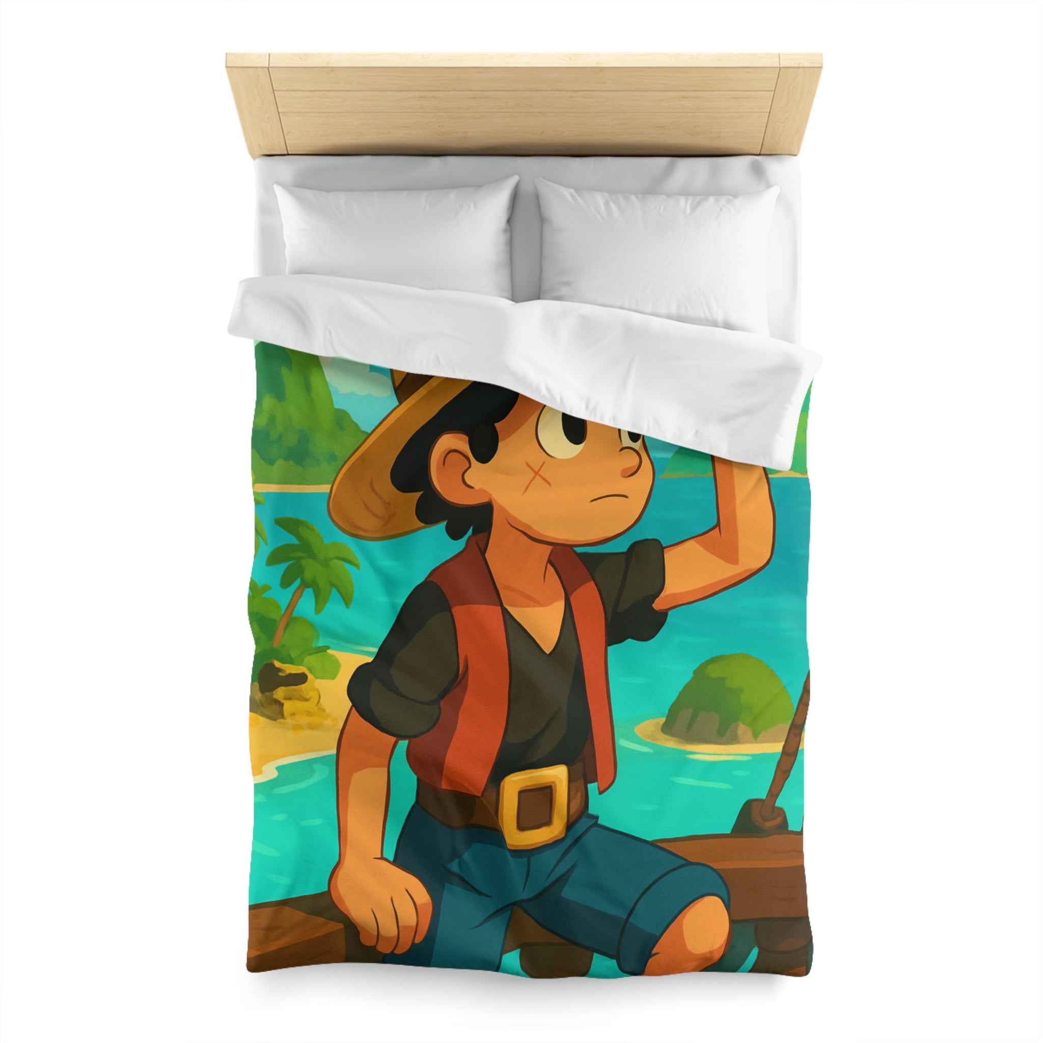 Housse de couette tropicale enfant avec pirate aventurier sur fond d'île paradisiaque