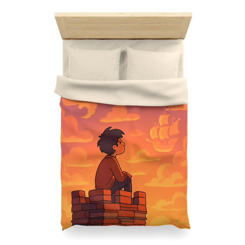 Housse de couette fantastique avec château, dragon et nuages pour enfants rêveurs