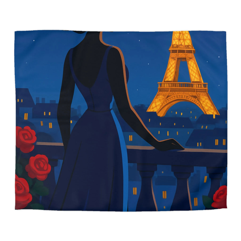 Housse de couette élégante avec vue nocturne sur Paris et roses rouges vibrantes