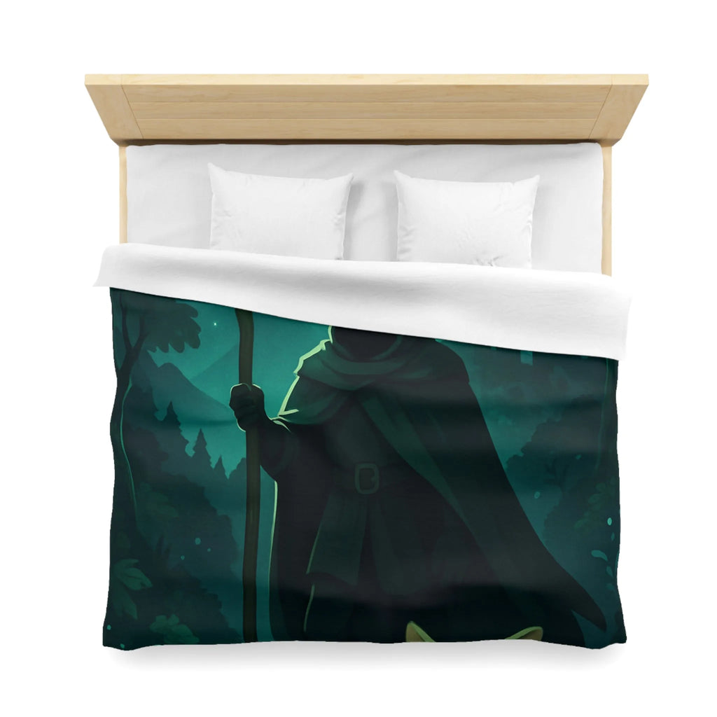 Housse de couette magique avec sorcier nocturne et créature enchantée sous lune étoilée