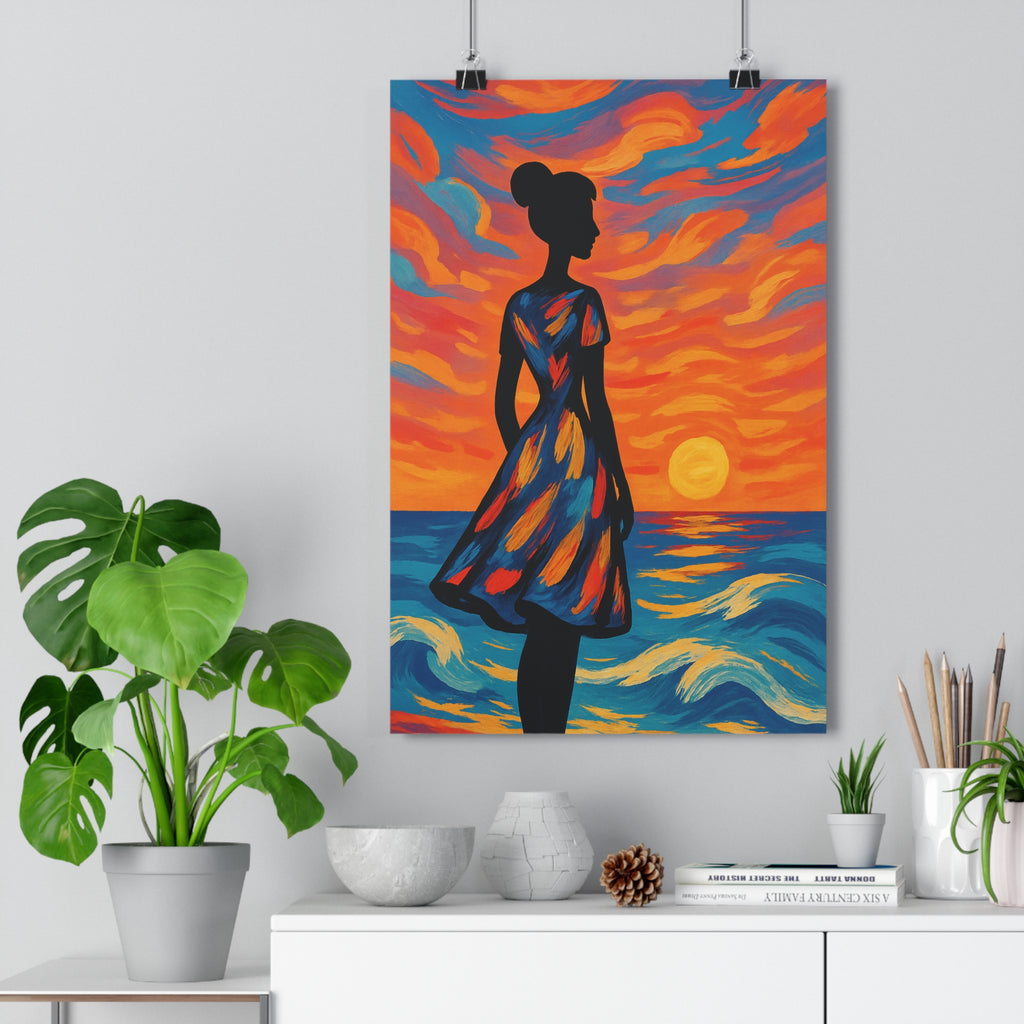 Poster décoratif silhouette coucher soleil vibrant bleu orange rose salon chambre moderne inspirant ambiance