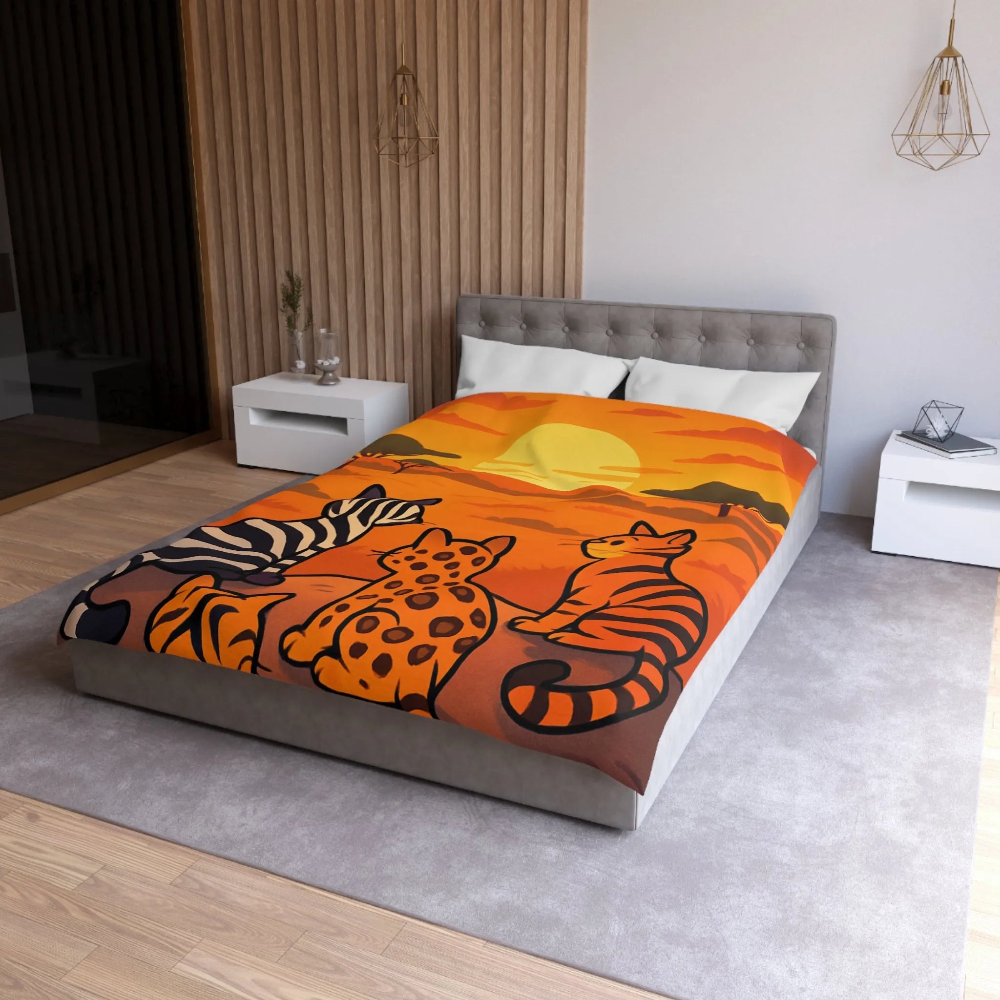 Housse de Couette avec Chats Sauvages Observant le Coucher de Soleil en Savane Africaine