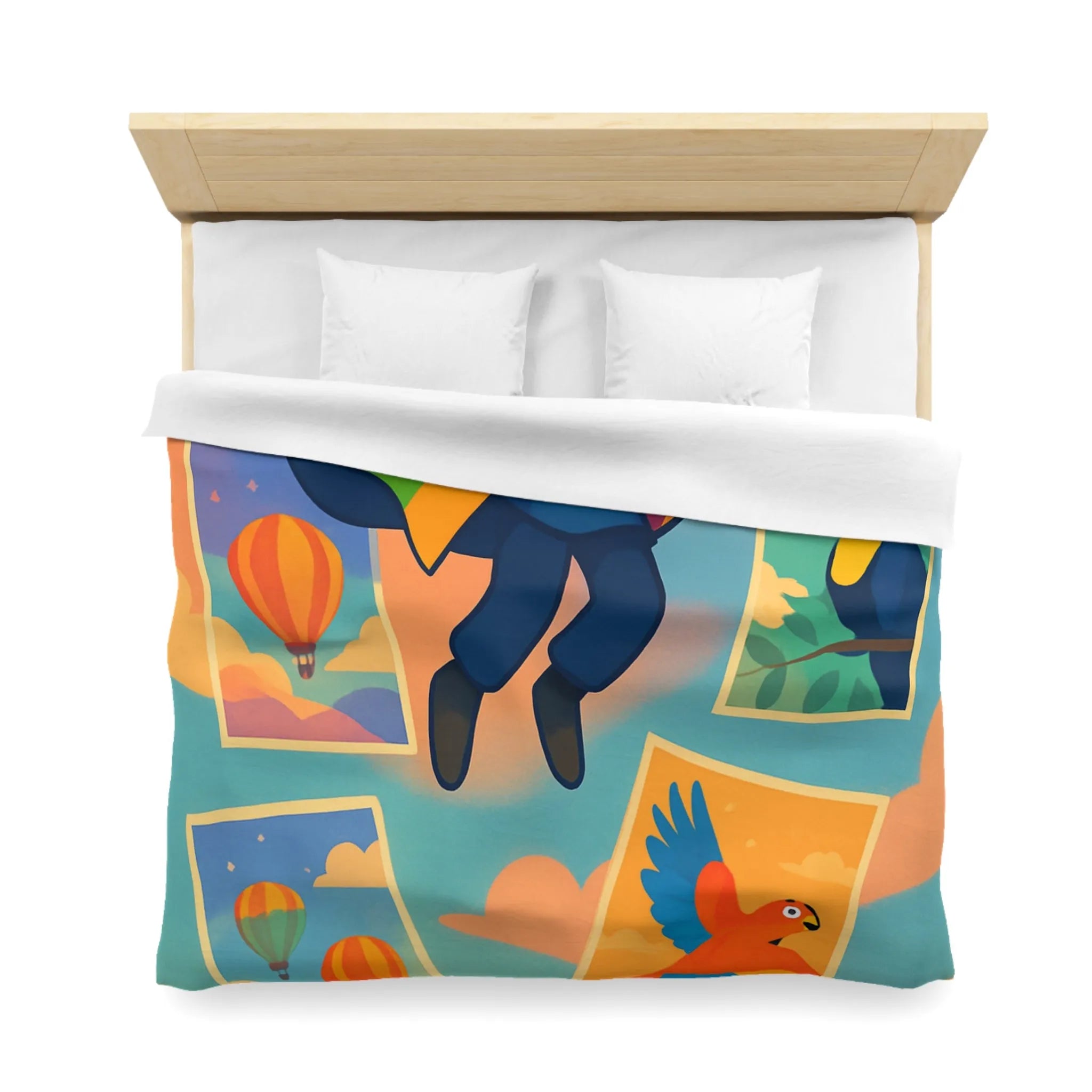 Housse de couette colorée avec motifs d'aventure de montgolfières et oiseaux exotiques