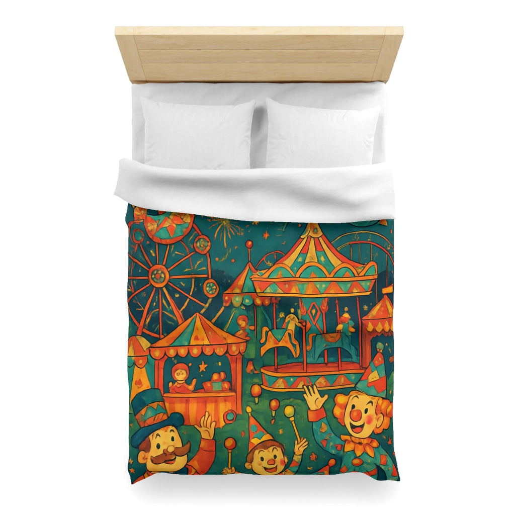 Housse de Couette Enfantine Colorée Fête Foraine avec Manège et Clowns Heureux
