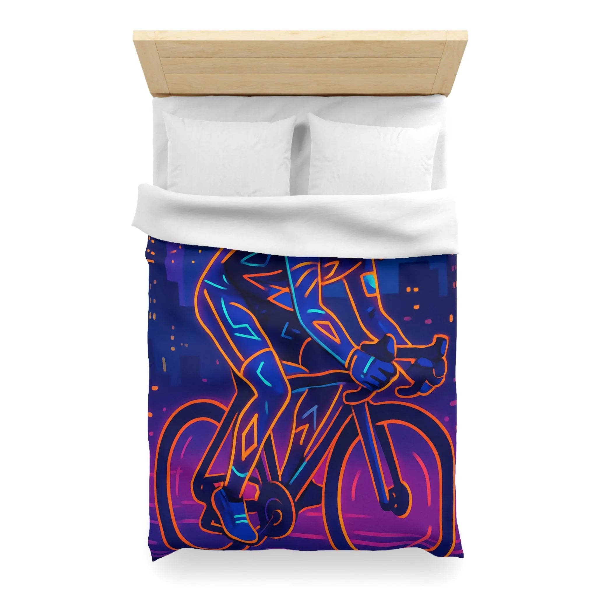 Housse de couette cycliste néon sur fond de ville sous ciel nocturne vibrant