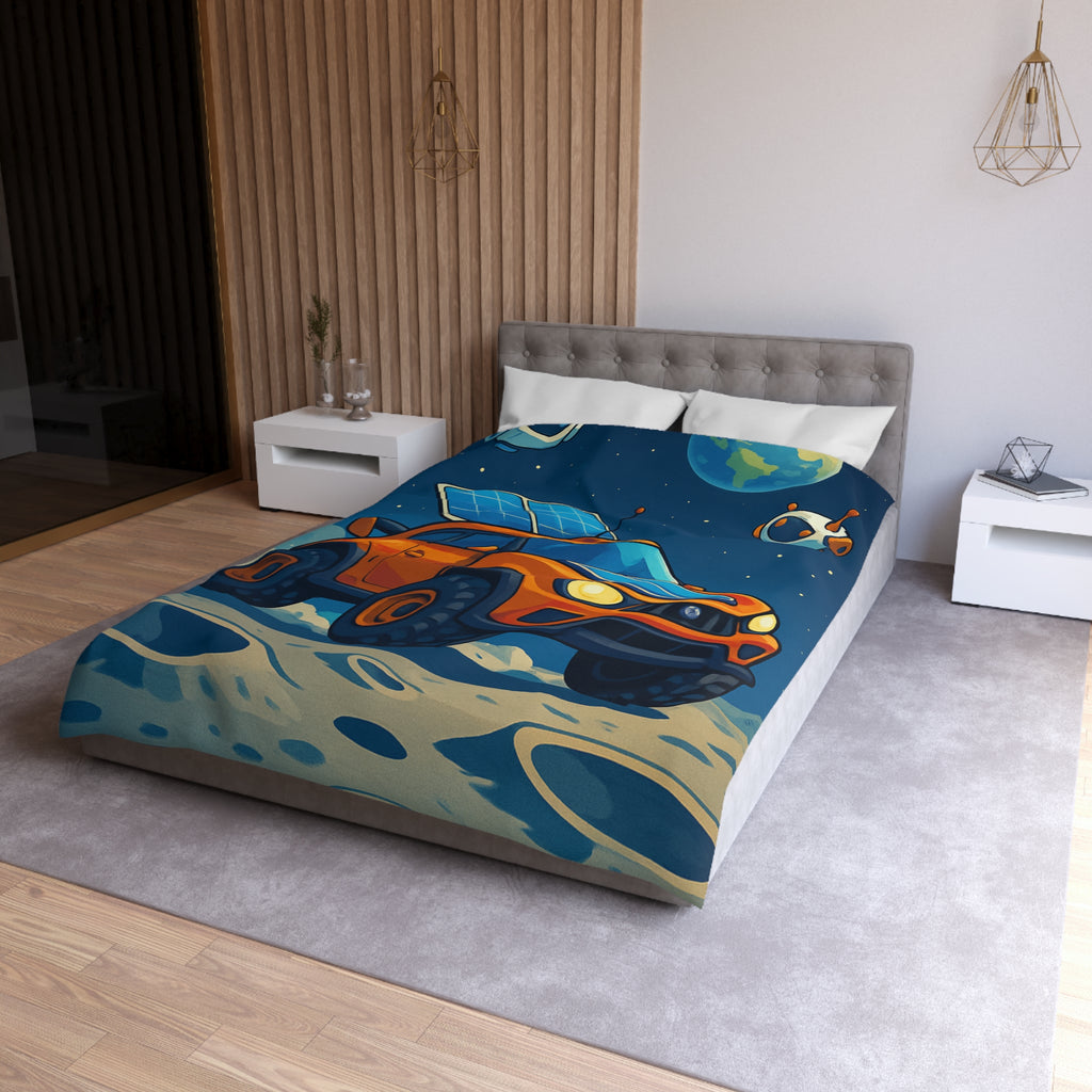 Housse de couette spatiale avec voiture orange et robots sur fond lunaire captivant