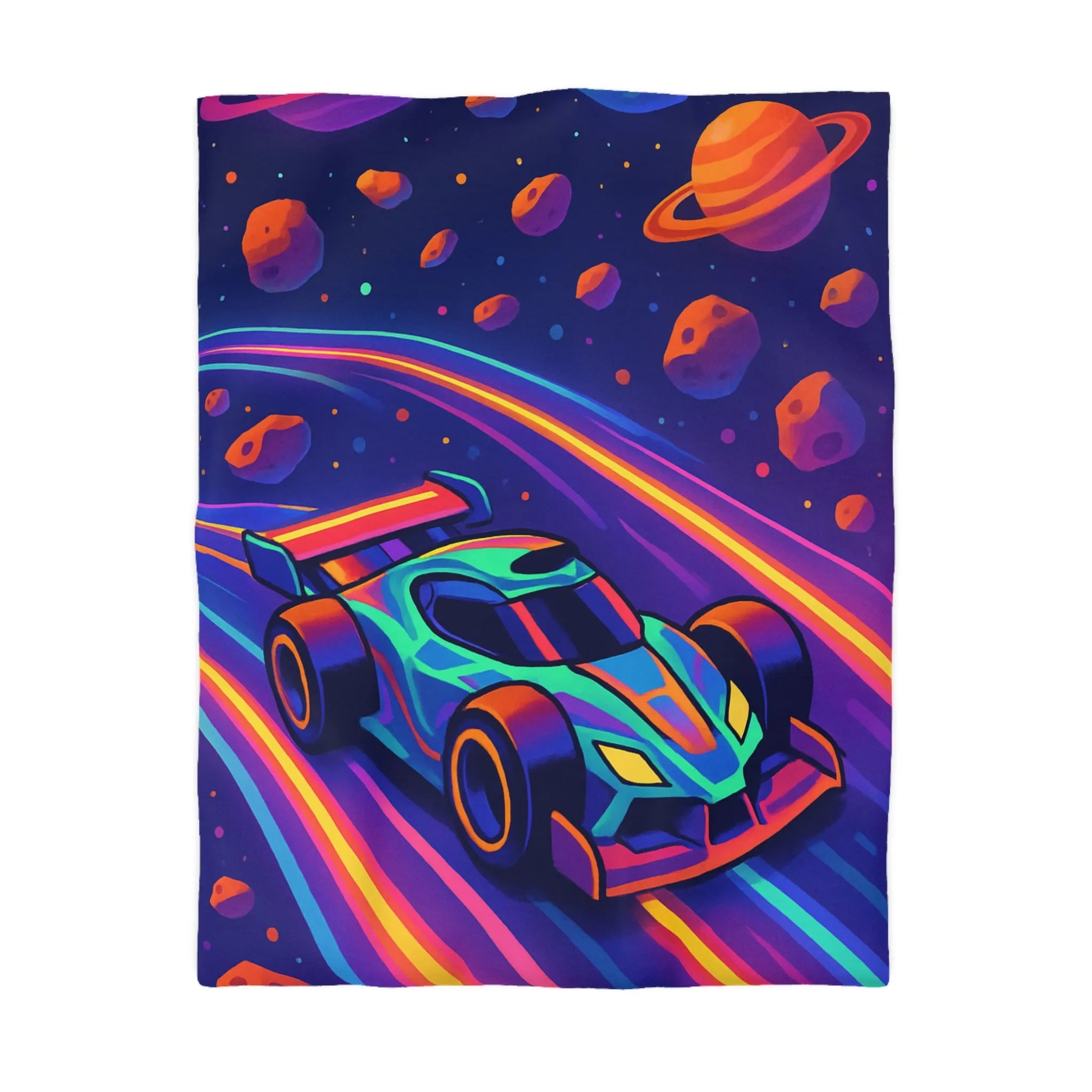 Éblouissante Housse de Couette avec Voiture Néon Galactique et Planètes Colorées