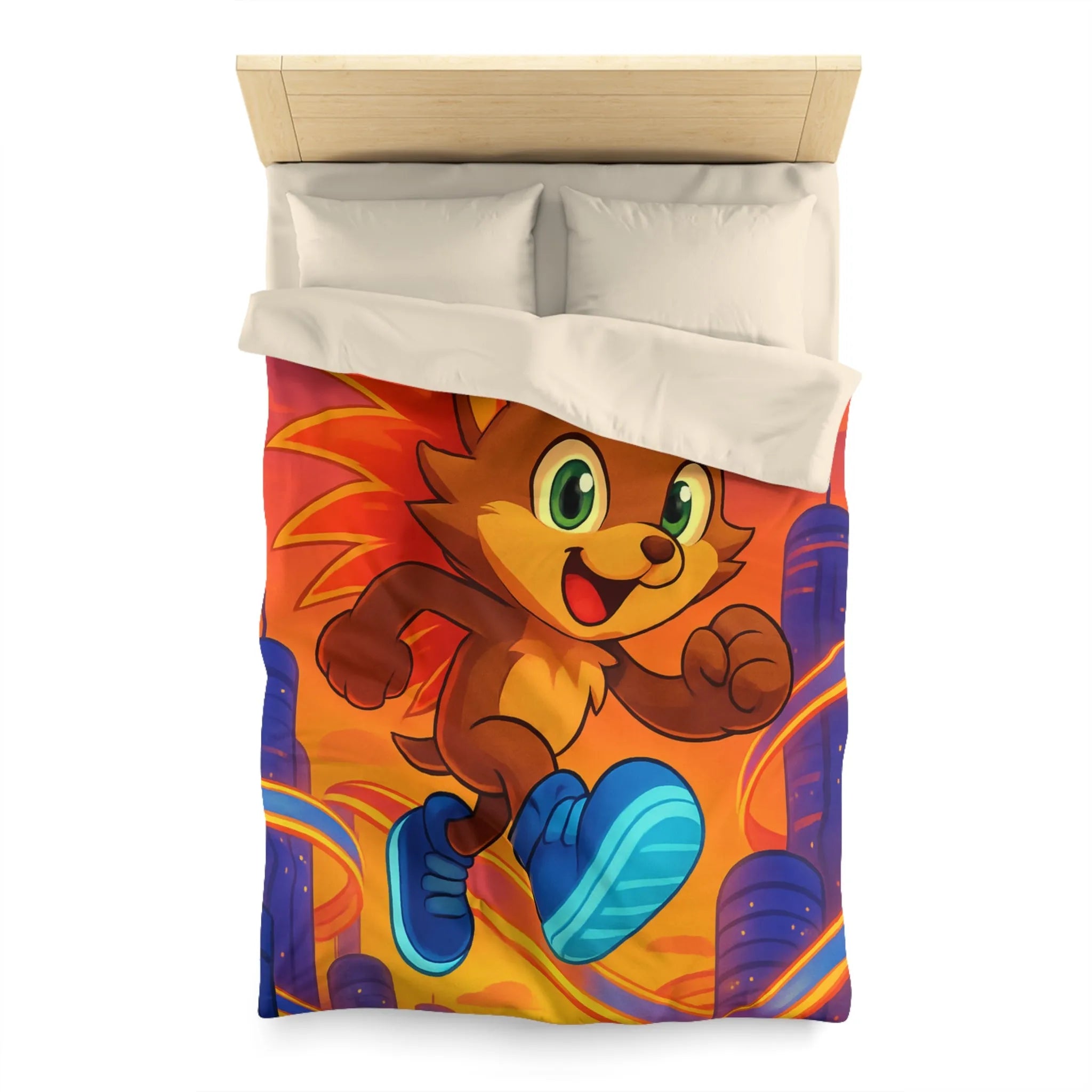 Housse de couette avec hérisson coloré courant dans une ville futuriste au coucher du soleil