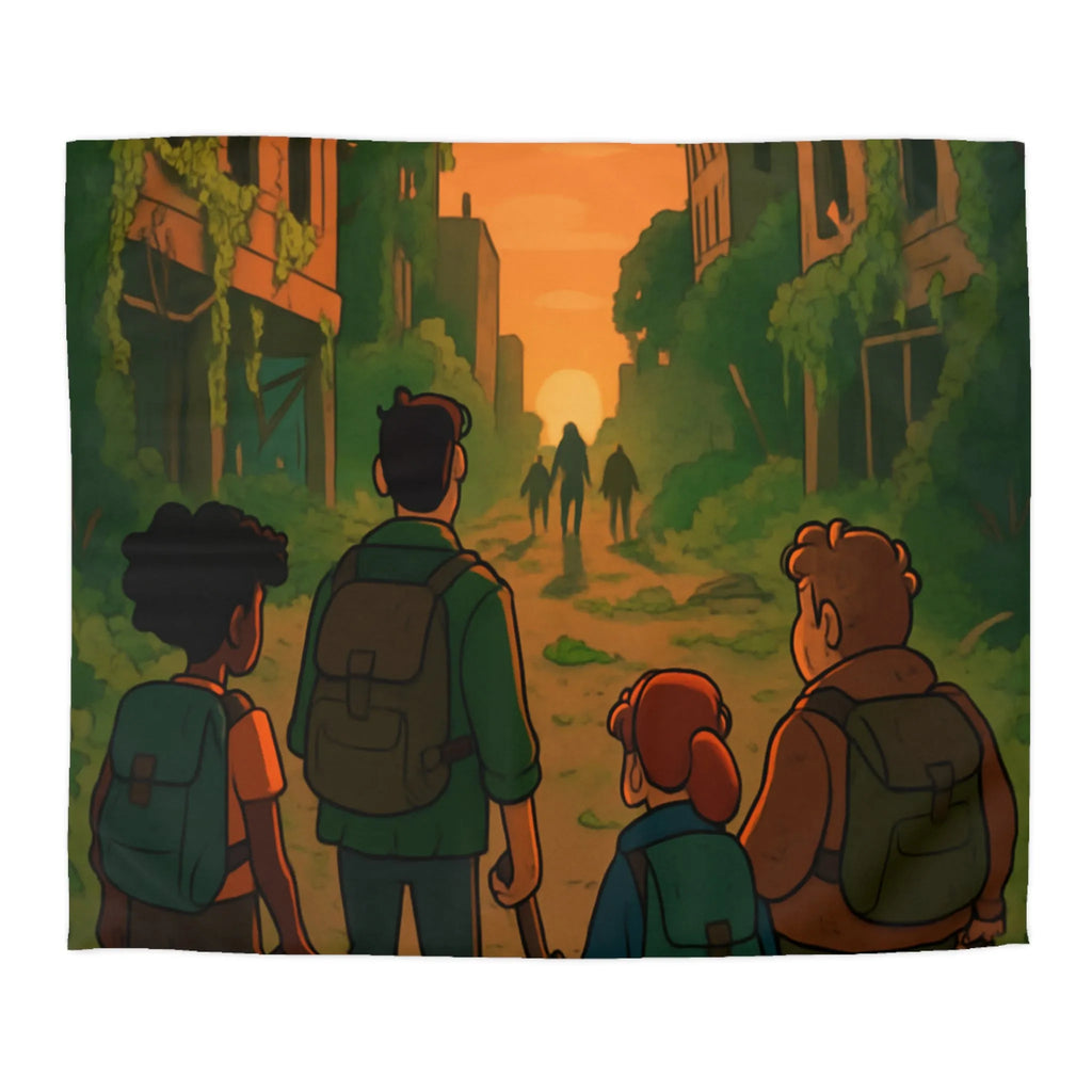 Housse de couette aventure urbaine animée, ambiance apocalyptique au coucher du soleil