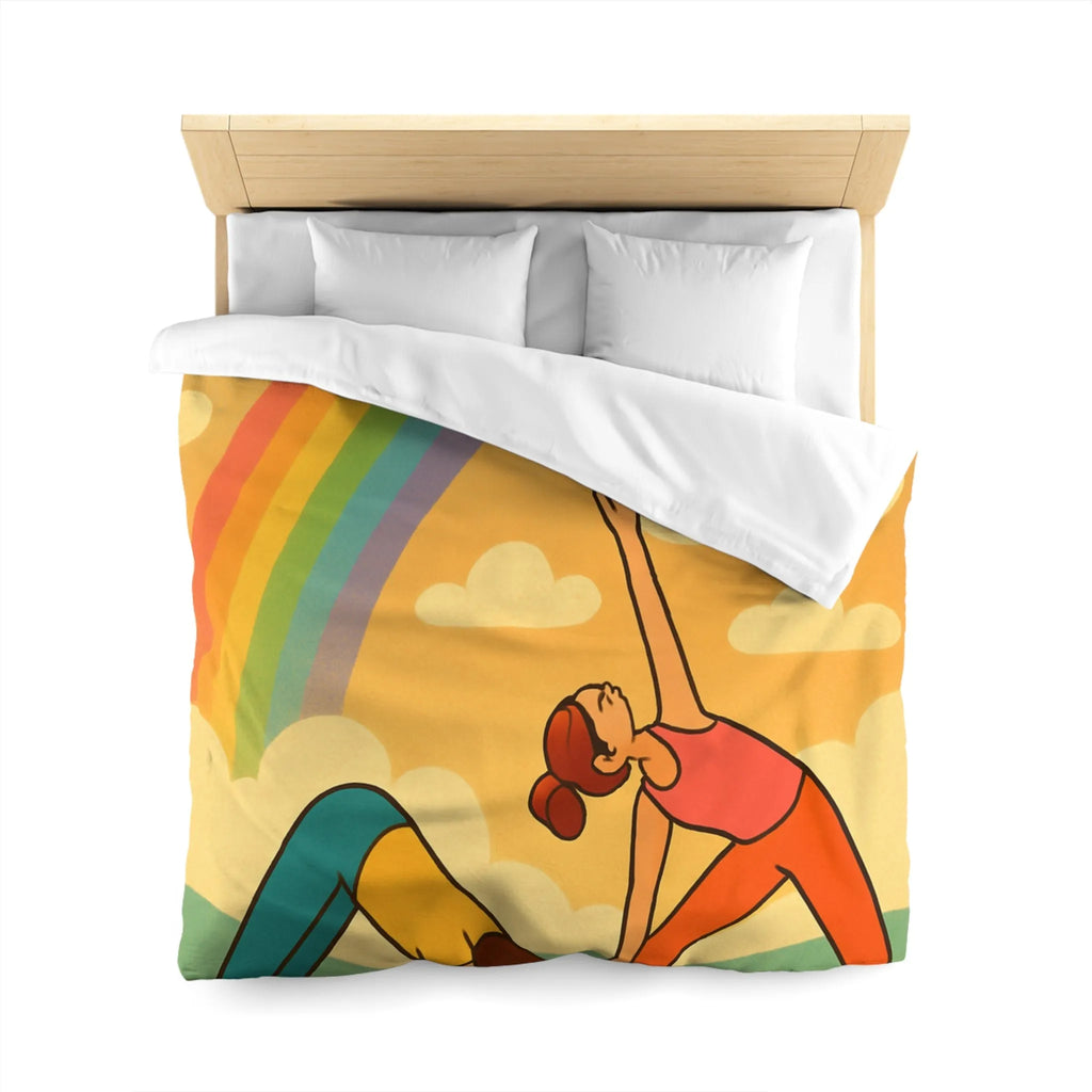 Housse De Couette Enfant Avec Arc-en-Ciel Coloré Et Personnages Pratiquant Le Yoga Énergique