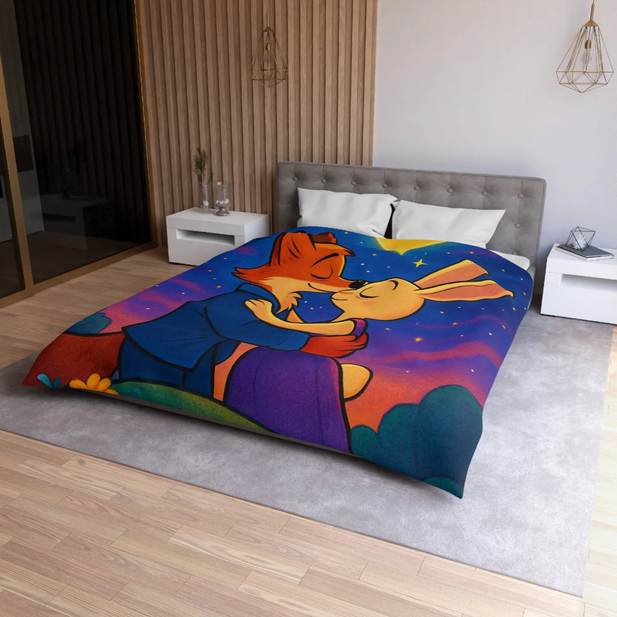 Housse de couette avec renard et lapin amoureux sous ciel étoilé romantique