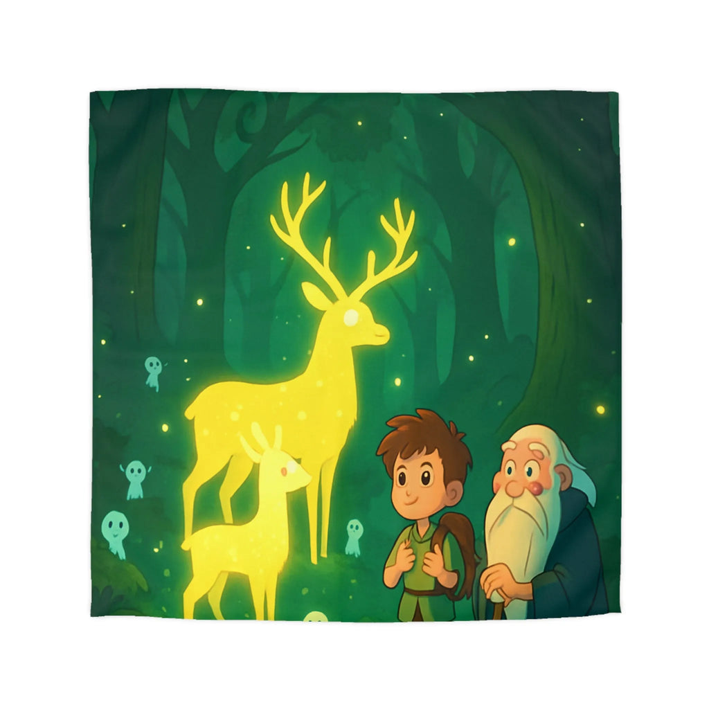 Housse de couette féerique avec cerfs lumineux et personnages dans une forêt enchantée