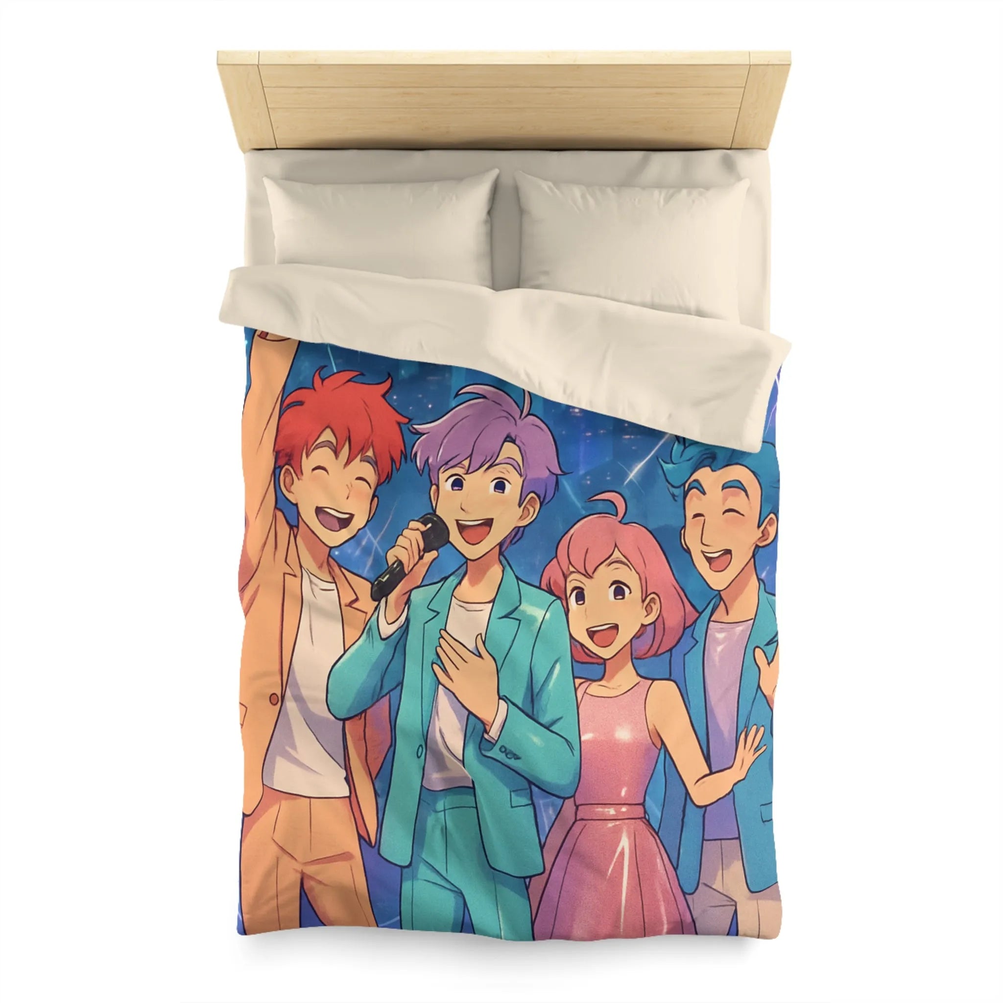 Housse de couette colorée avec personnages joyeux style anime devant une ville étoilée