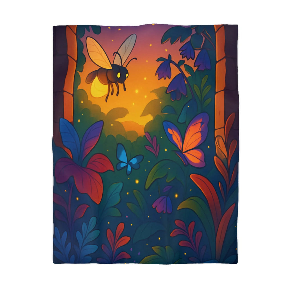 Housse de couette magique avec jardin nocturne illuminé d'insectes lumineux et fleurs vibrantes