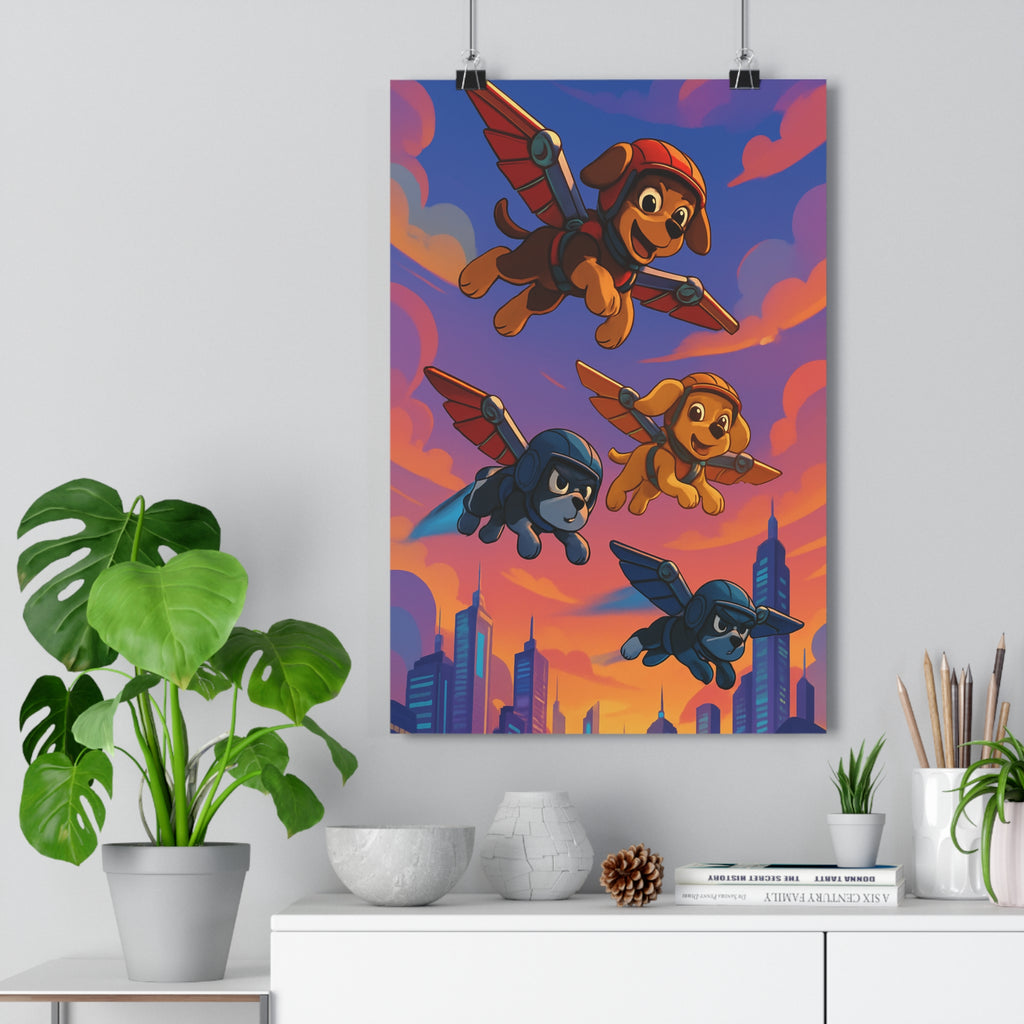 Poster décoratif chiots volants cartoon steampunk orange rose bleu chambre enfant joyeux moderne 30x46